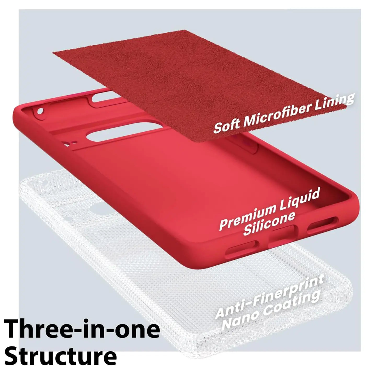 Explodierte Ansicht einer roten Google Pixel 8 Silikonhülle mit Mikrofaserfutter und Nano-Beschichtung.