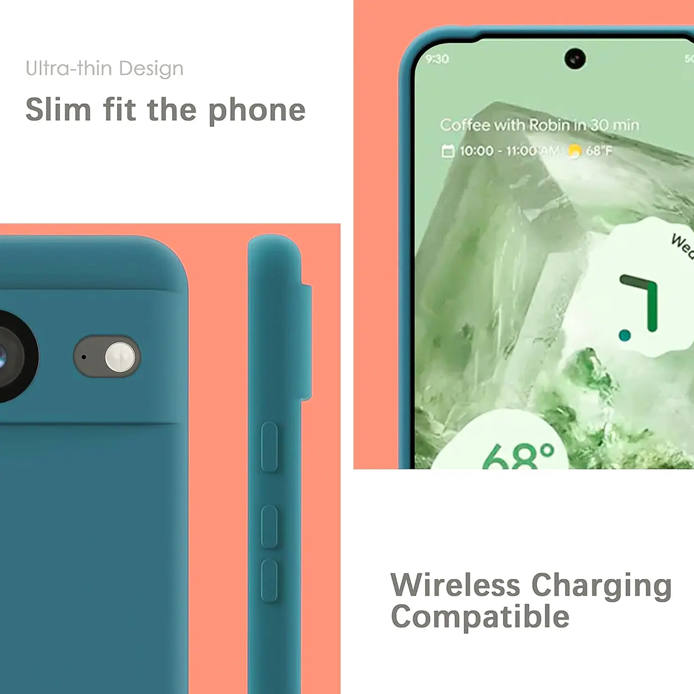 Türkise Silikonhülle für Google Pixel 8a. Rückseite, Seitenansicht und Vorderseite mit Display sind zu sehen.