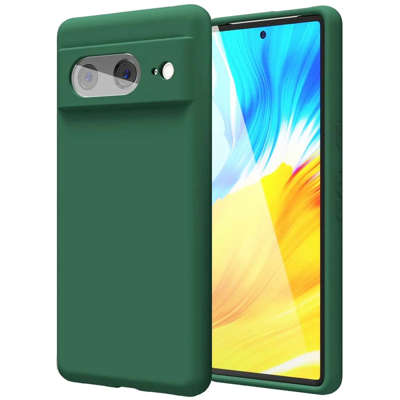 Dunkelgrüne Silikonhülle für Google Pixel 8a, Rückseite mit Kameraausschnitt, Vorderseite mit Display sichtbar.