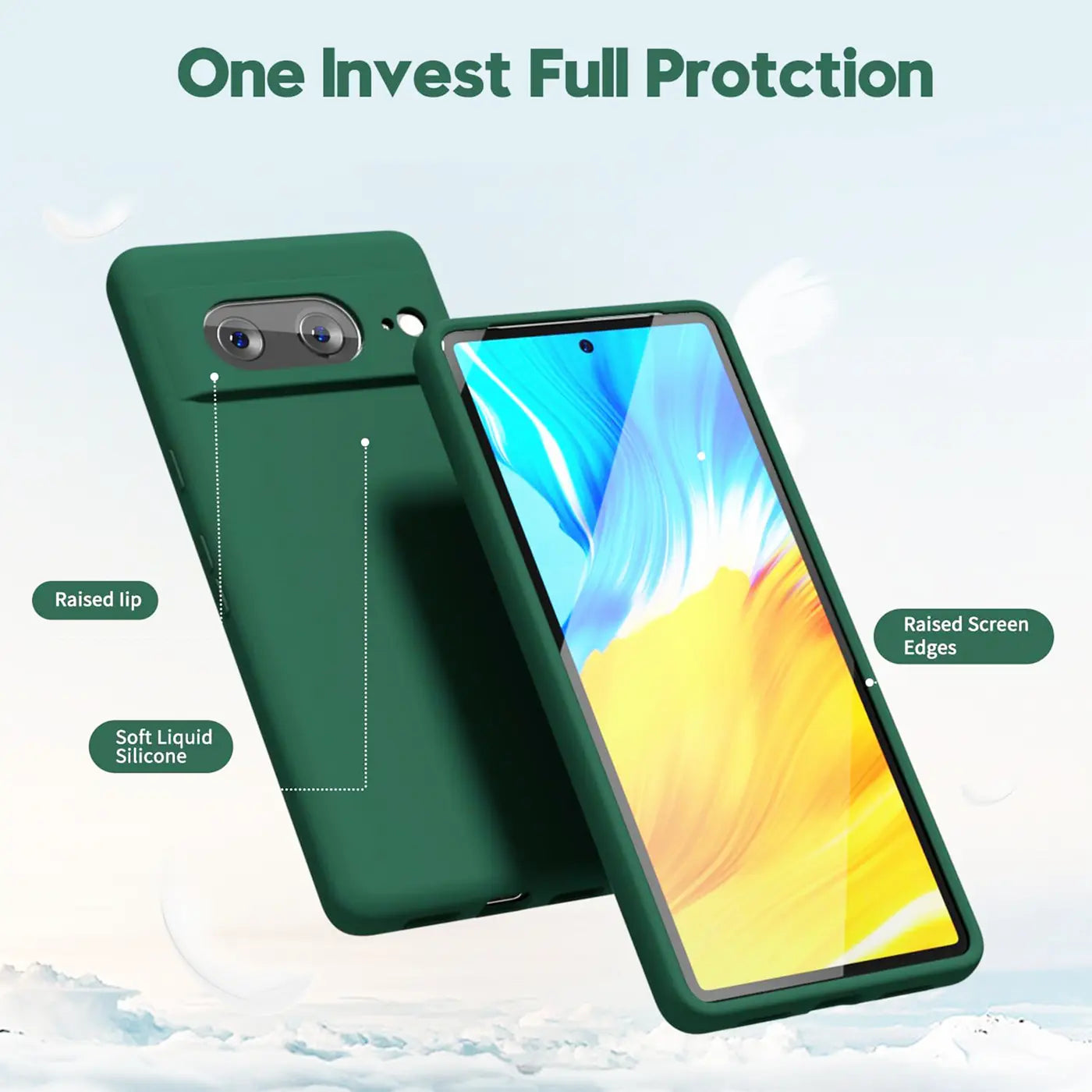 Dunkelgrüne Silikonhülle für Google Pixel 8a, schräg von hinten und vorne gezeigt, mit erhöhten Rändern.