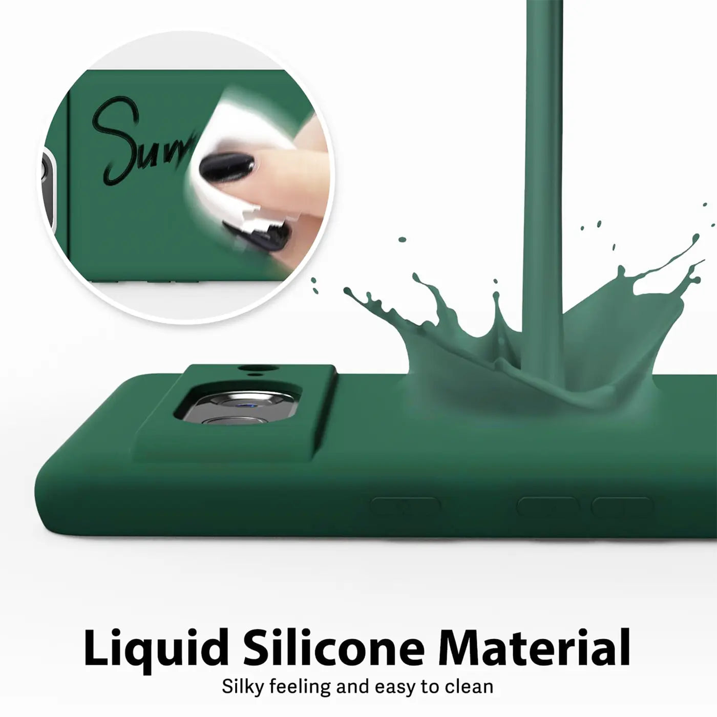 Dunkelgrüne Silikonhülle für Google Pixel 8a, schräg von hinten. Flüssiges Silikon spritzt auf die Hülle.