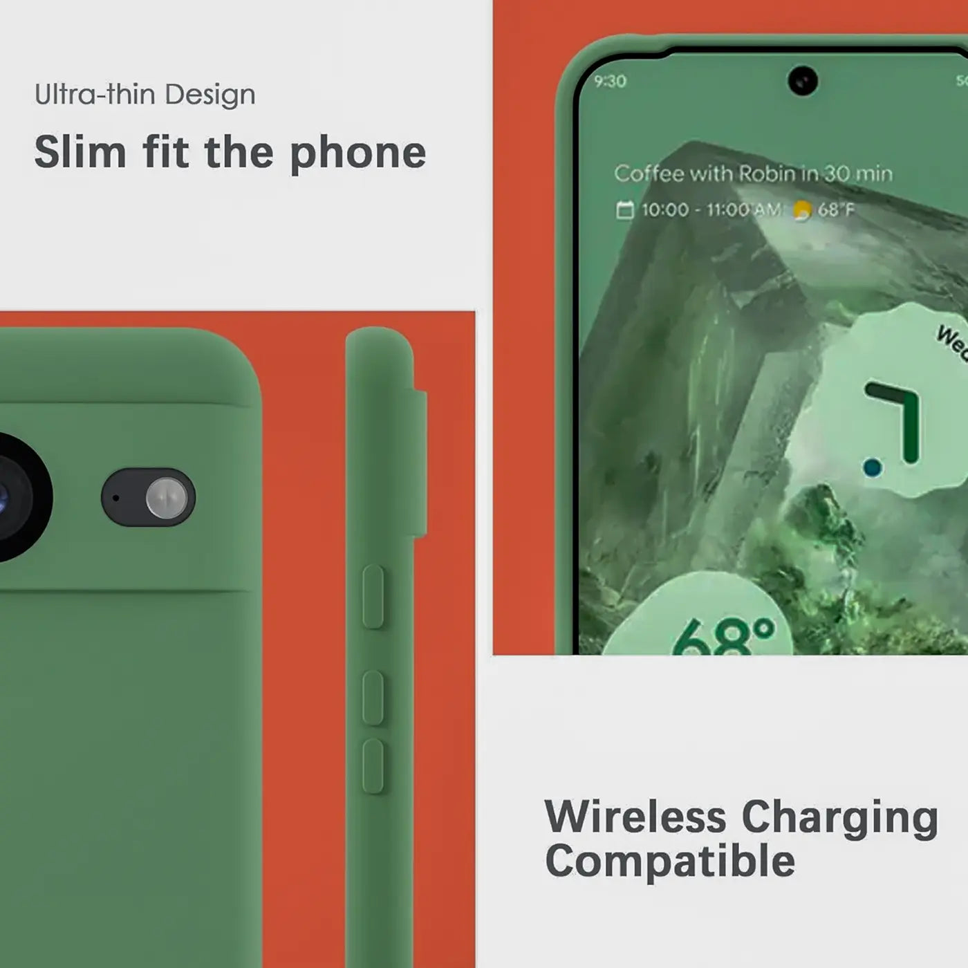 Drei Ansichten einer grünen Silikonhülle für das Google Pixel 8a: Rückseite, Seitenansicht und Vorderseite.