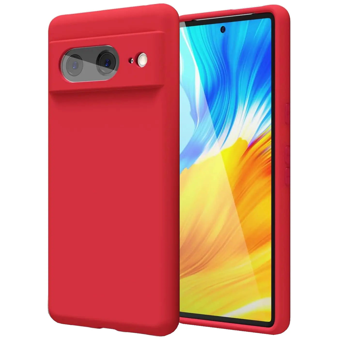 Rote Silikonhülle für Google Pixel 8a, Rückseite mit Kameraausschnitt und Vorderseite mit Display sichtbar, schräg von oben.