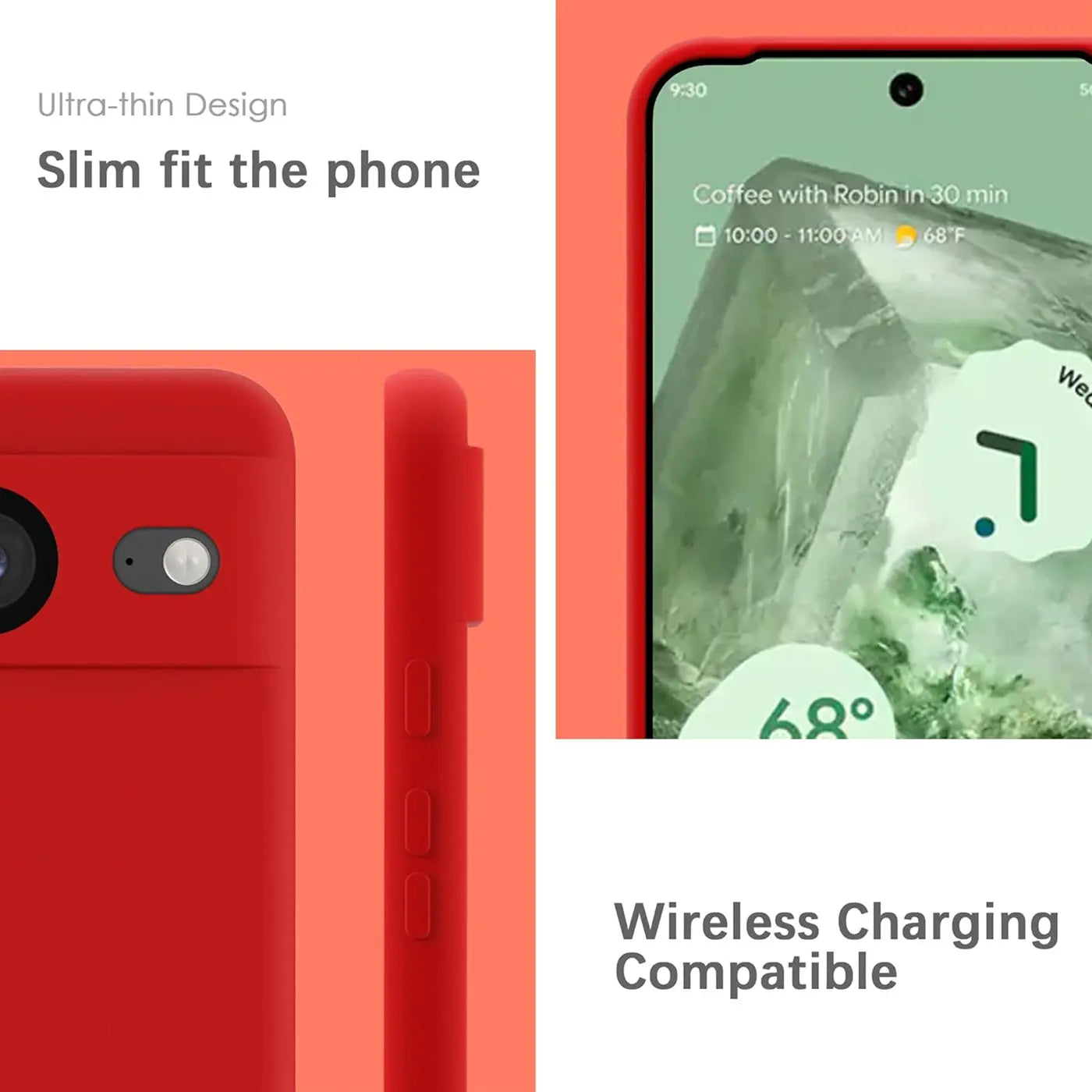 Rote Silikonhülle für Google Pixel 8a. Rückseite mit Kamera, Seitenansicht mit Tasten und Display von vorne.
