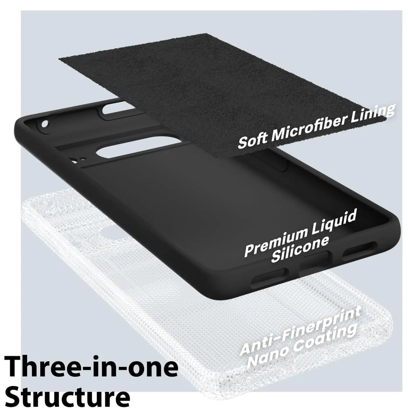 Explodierte Ansicht einer schwarzen Silikonhülle für Google Pixel 8a mit Mikrofaserfutter und Nano-Beschichtung.