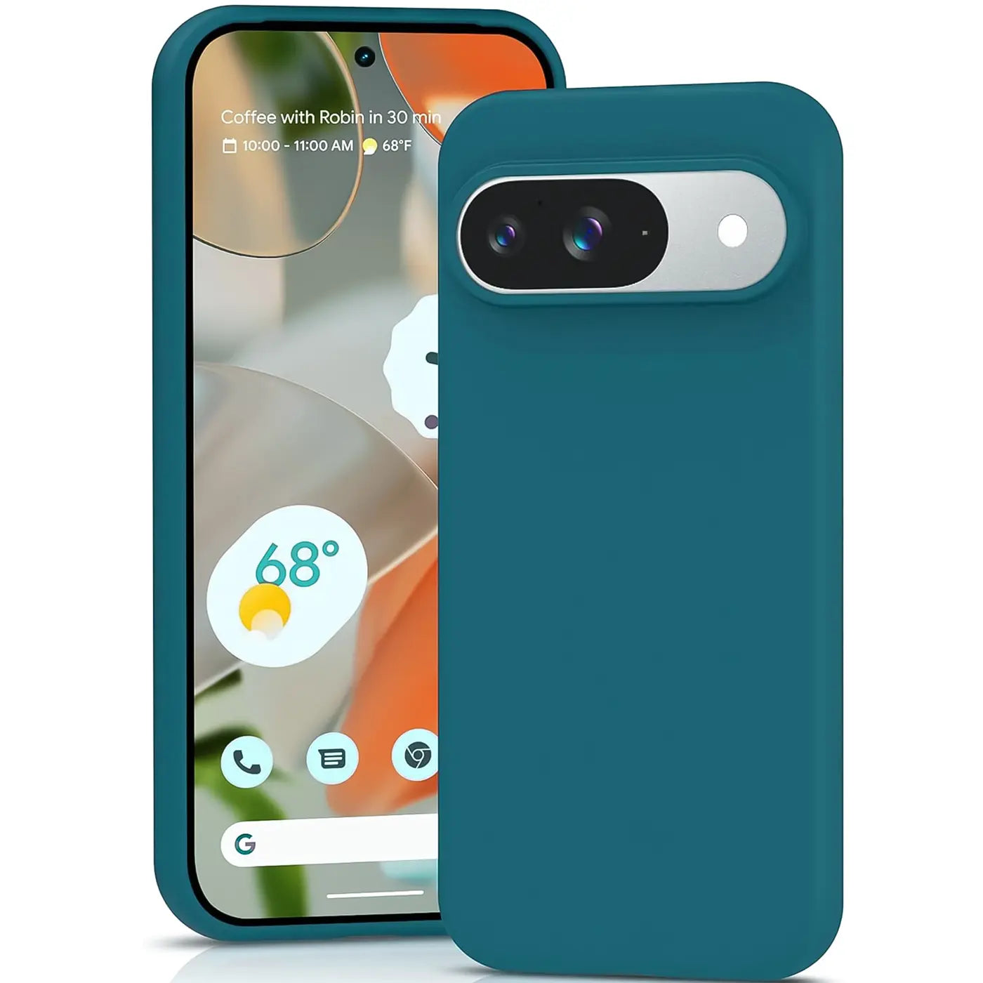 Türkise Silikonhülle für Google Pixel 7, von vorne rechts, mit Smartphone im Hintergrund.