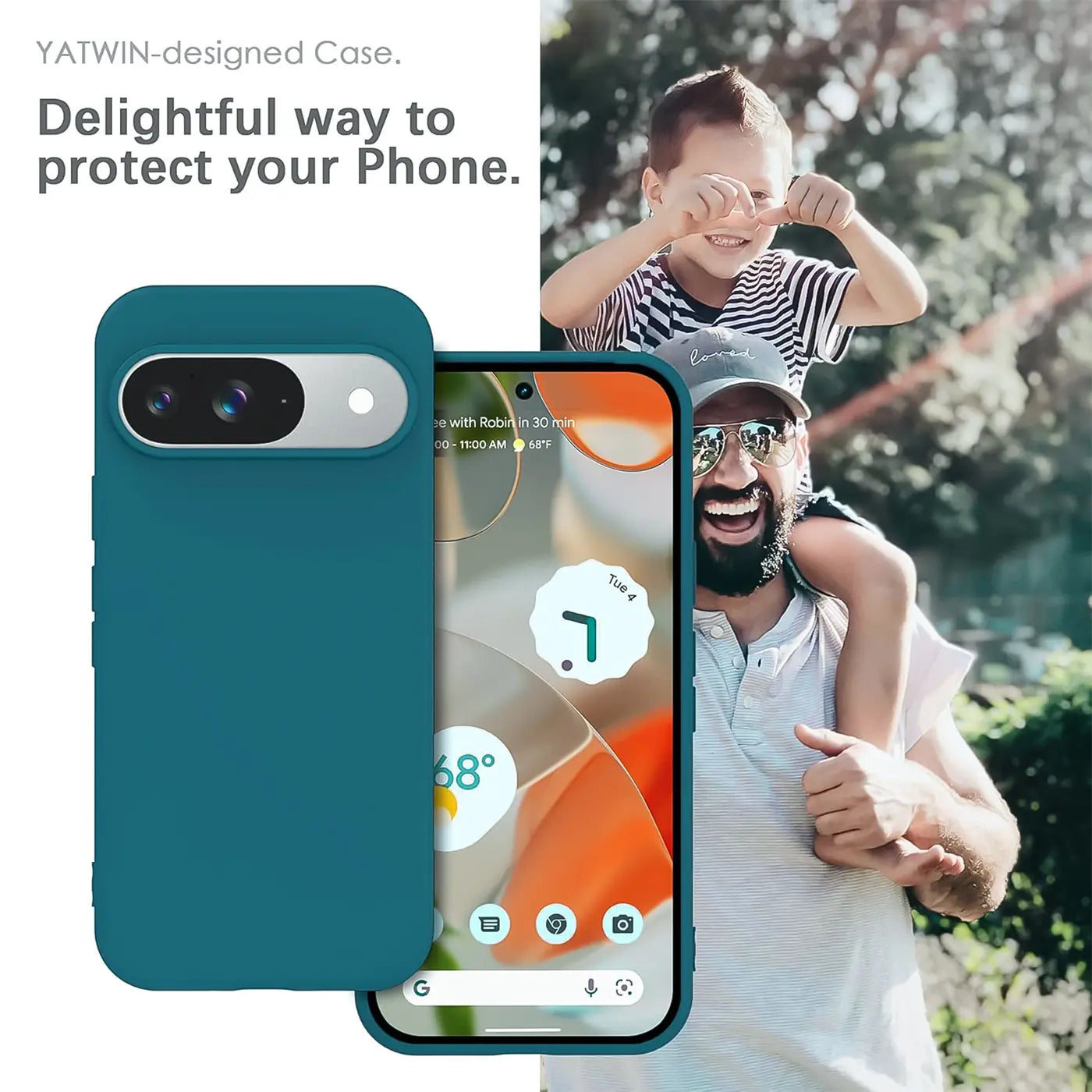 Türkise Silikonhülle für Google Pixel 9, Rückseite und Displayansicht, schräg von oben.