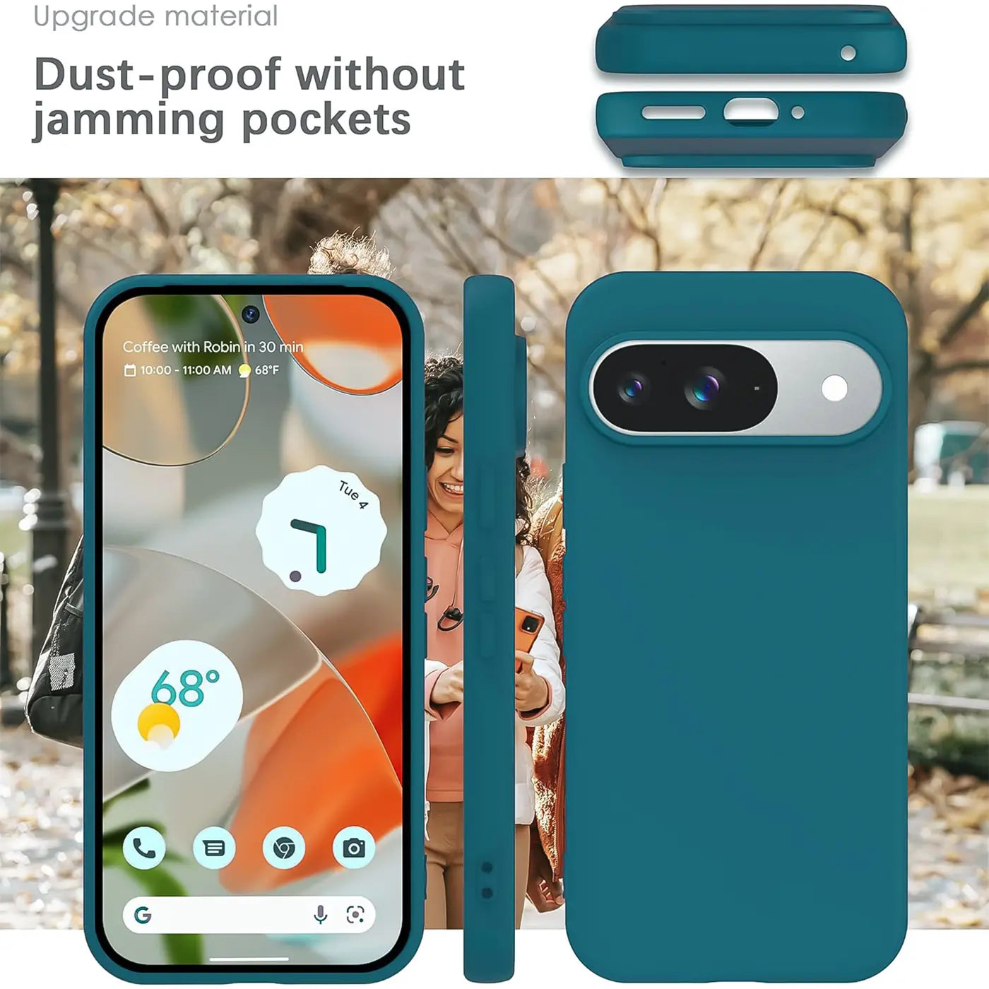 Dunkelblaue Silikonhülle für Google Pixel 9, Vorder-, Seiten- und Rückansicht, sowie Detailansichten der Anschlüsse.
