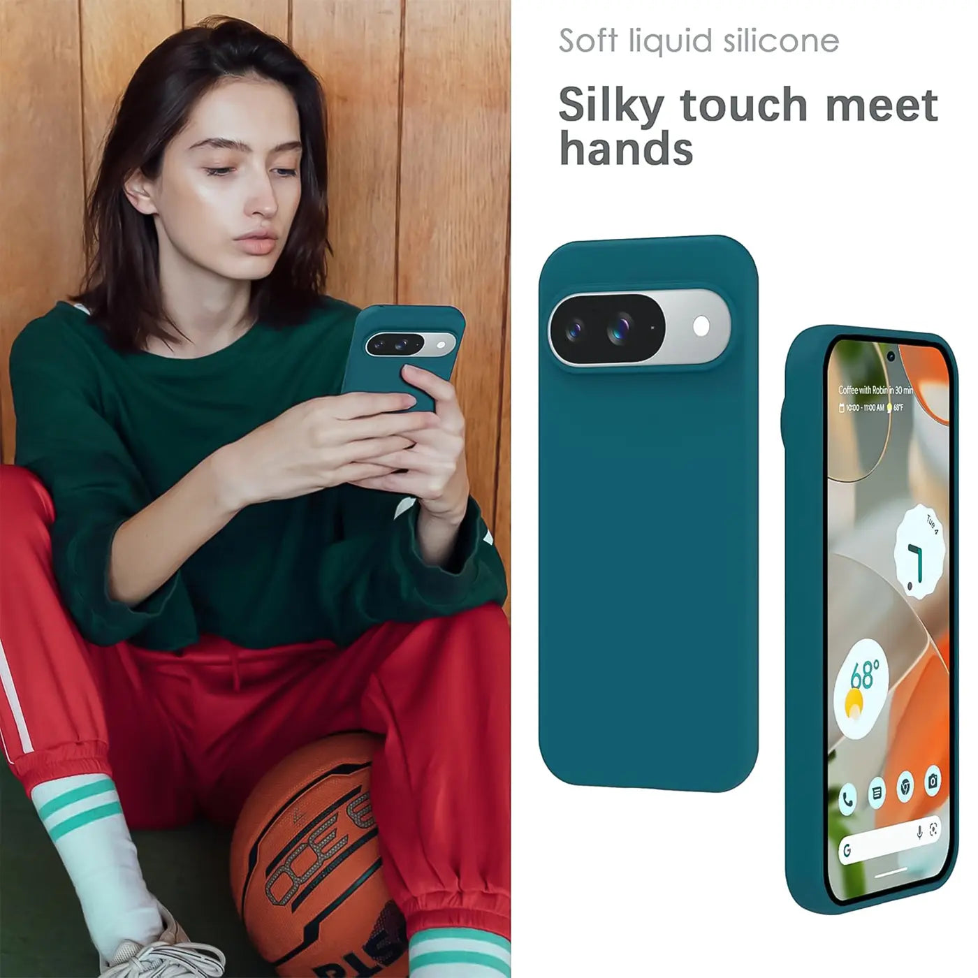Dunkelblaue Silikonhülle für Google Pixel 9, von hinten und schräg von vorne gezeigt. Eine Person hält ein Pixel 9.