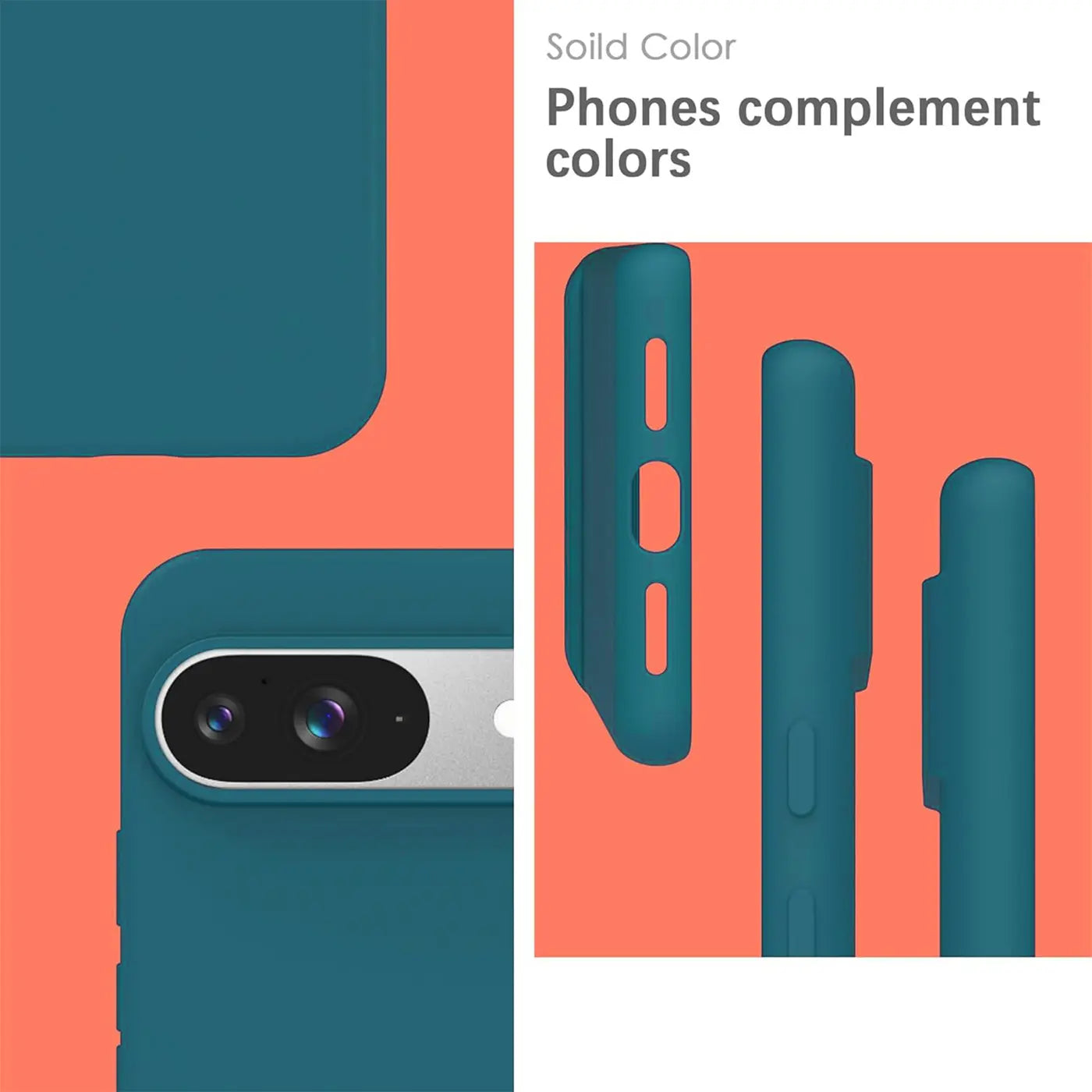 Türkise Silikonhülle für Google Pixel 9. Nahaufnahme der Rückseite mit Kamera und Seitenansichten mit Aussparungen.