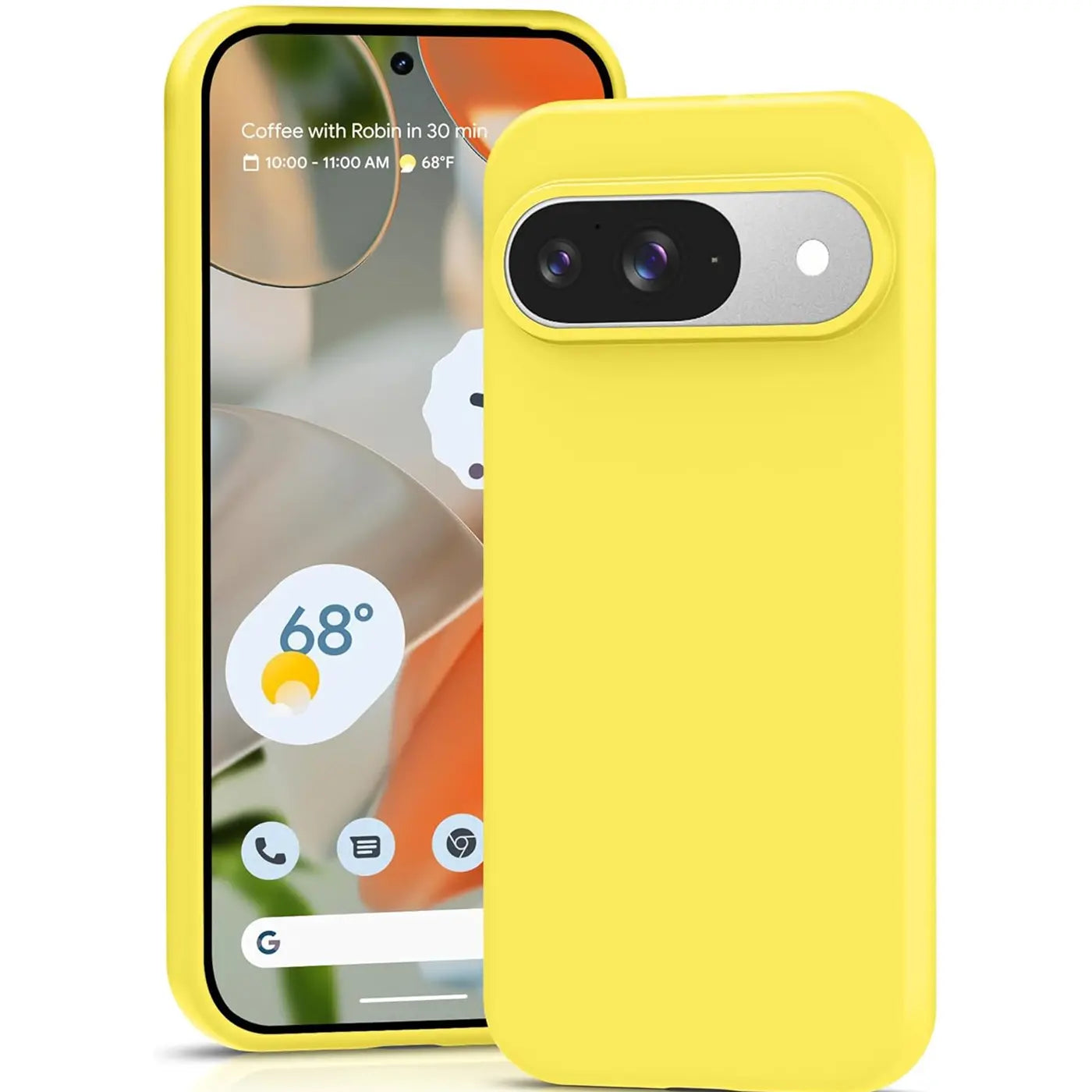 Gelbe Silikonhülle für Google Pixel 9. Eine Hülle von hinten und eine von vorne mit Display sichtbar.
