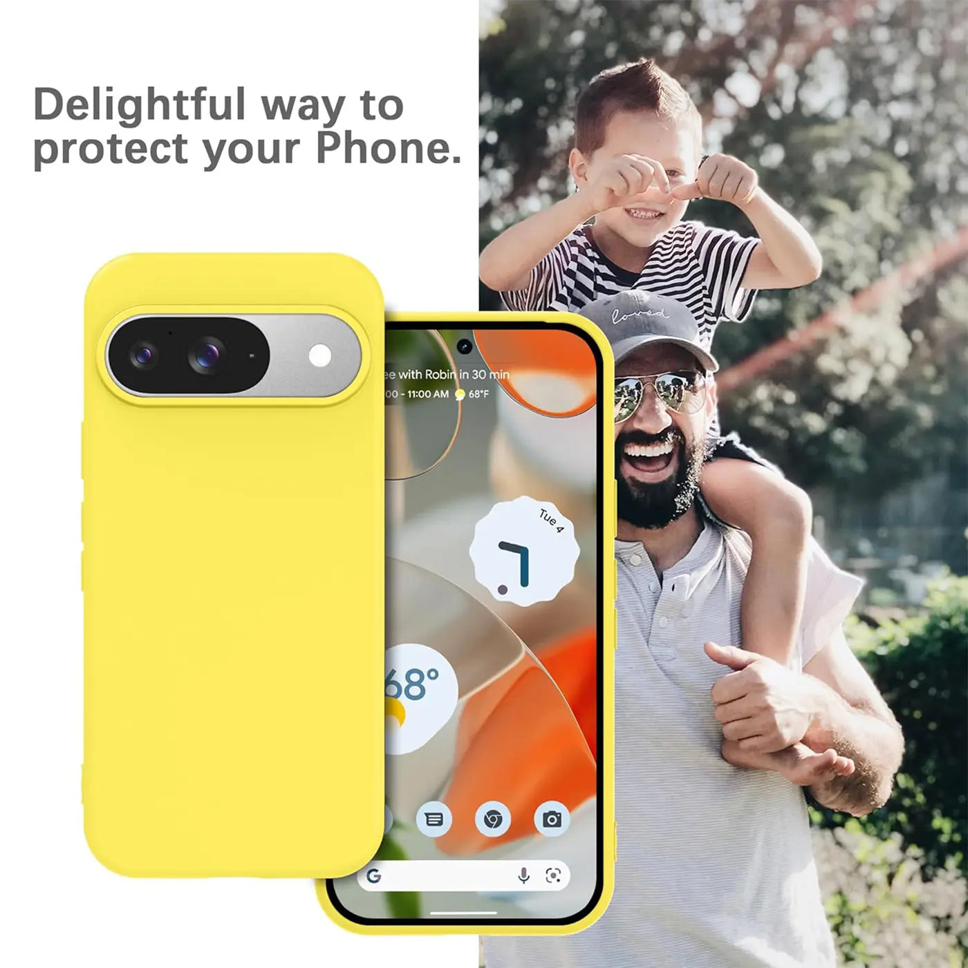 Gelbe Silikonhülle für Google Pixel 9, Rückseite und Vorderseite mit Display sichtbar, schräg von oben.