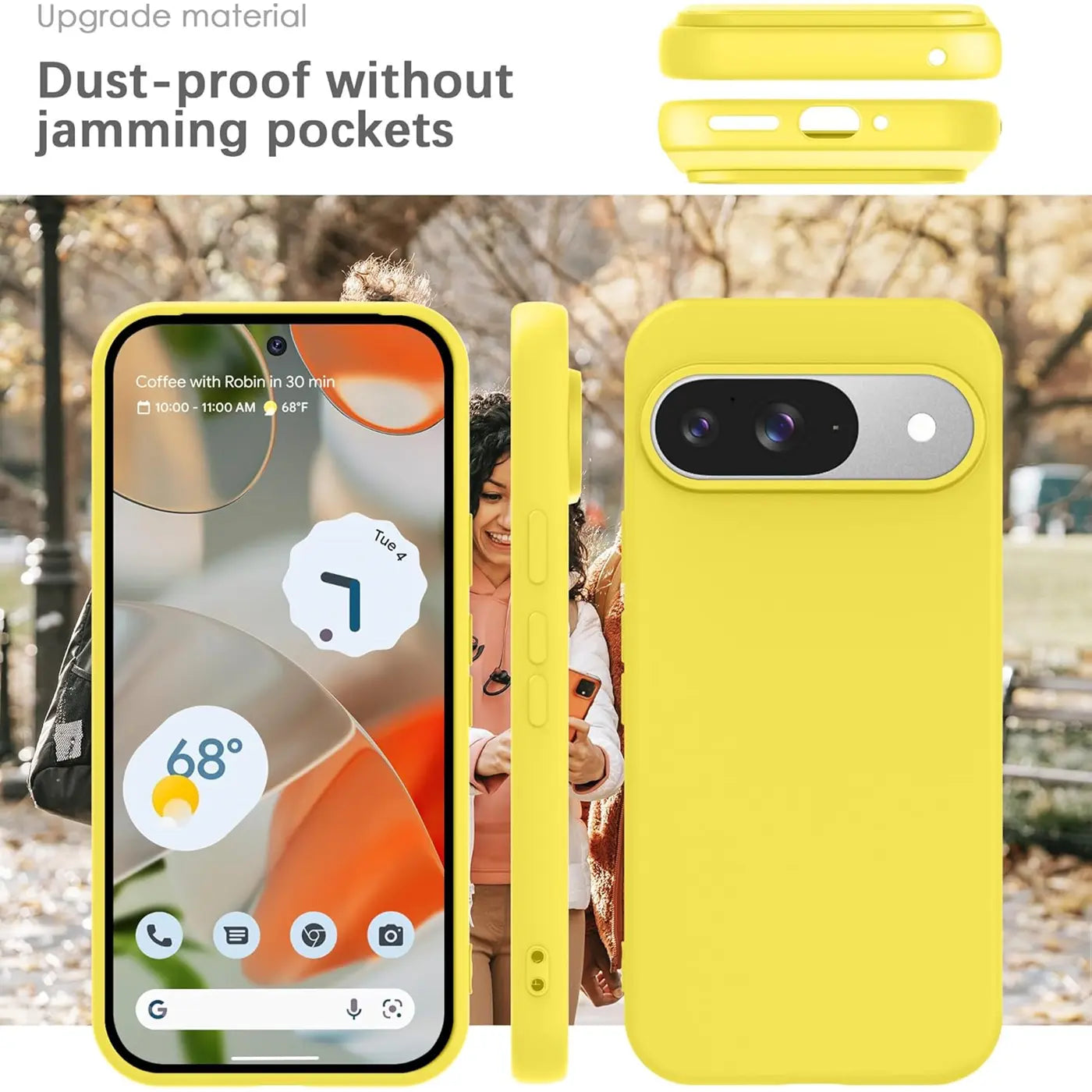 Gelbe Silikonhülle für Google Pixel 9. Vorder-, Seiten- und Rückansicht der Hülle mit Aussparungen.