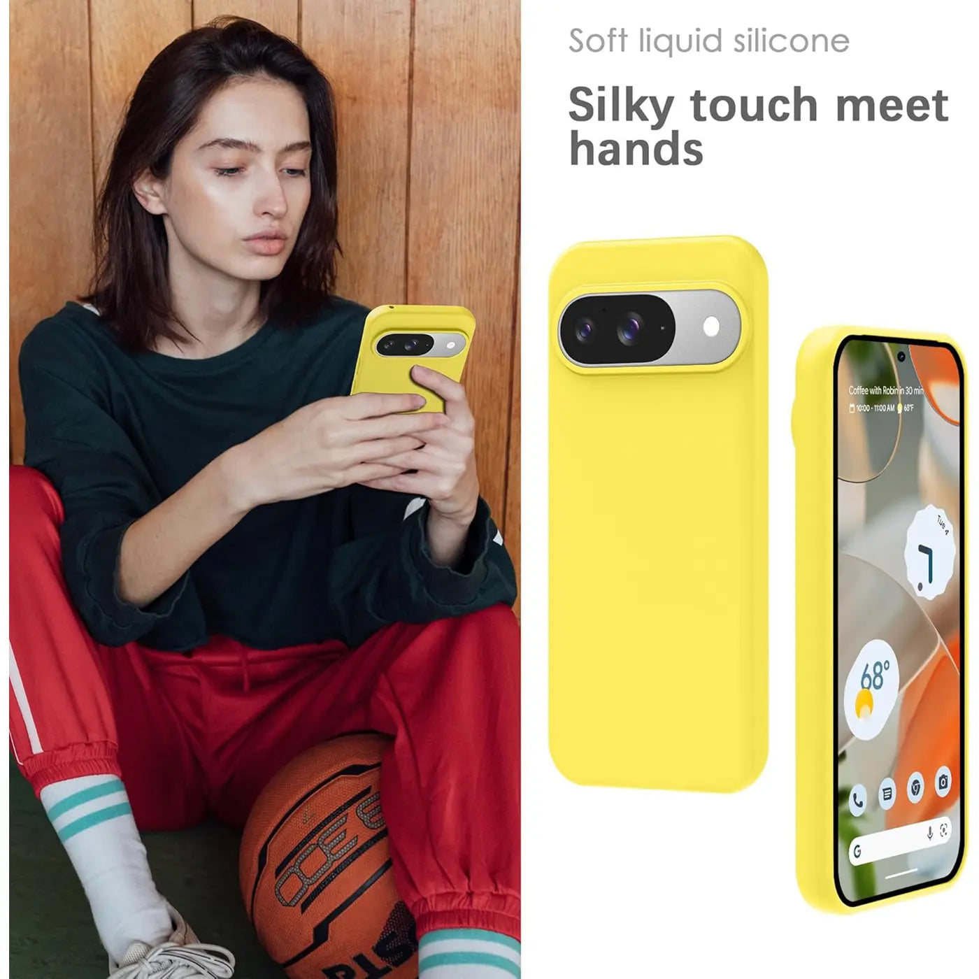 Gelbe Silikonhülle für Google Pixel 9. Links hält eine Person das Smartphone, rechts Vorder- und Rückseite der Hülle.