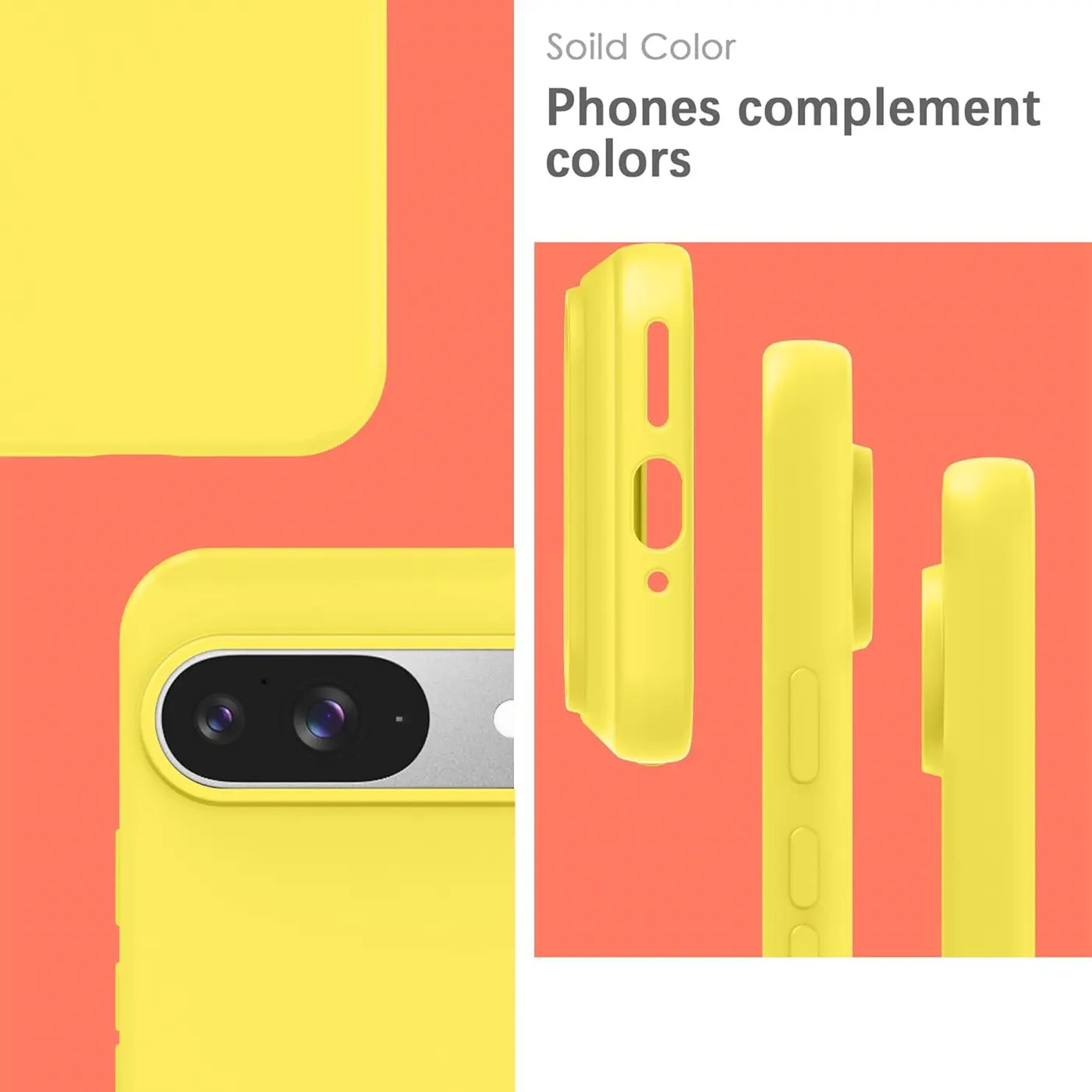 Gelbe Silikonhülle für Google Pixel 9. Detailansicht der Kameraaussparung und Seitenansichten mit Aussparungen.