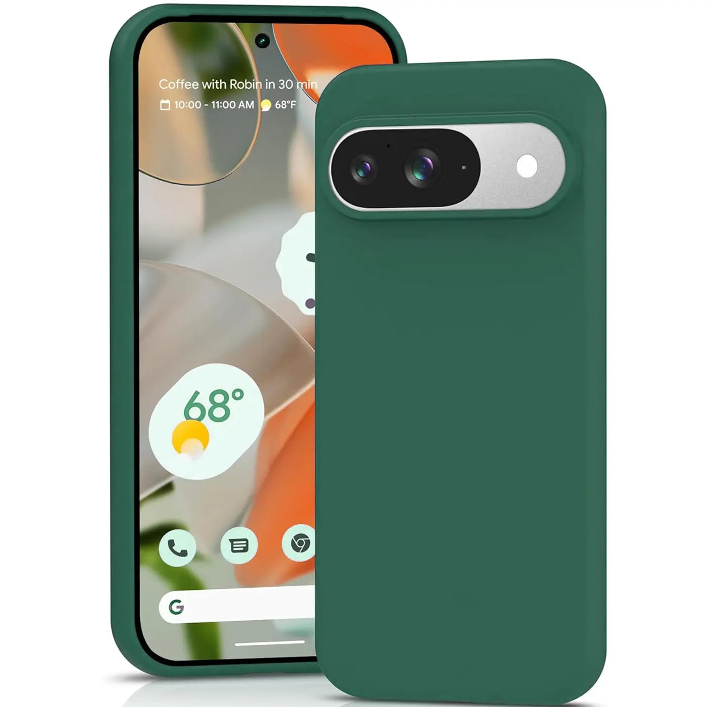 Dunkelgrüne Silikonhülle für Google Pixel 9, Rückseite mit Kameraausschnitt und Vorderseite des Handys sichtbar.
