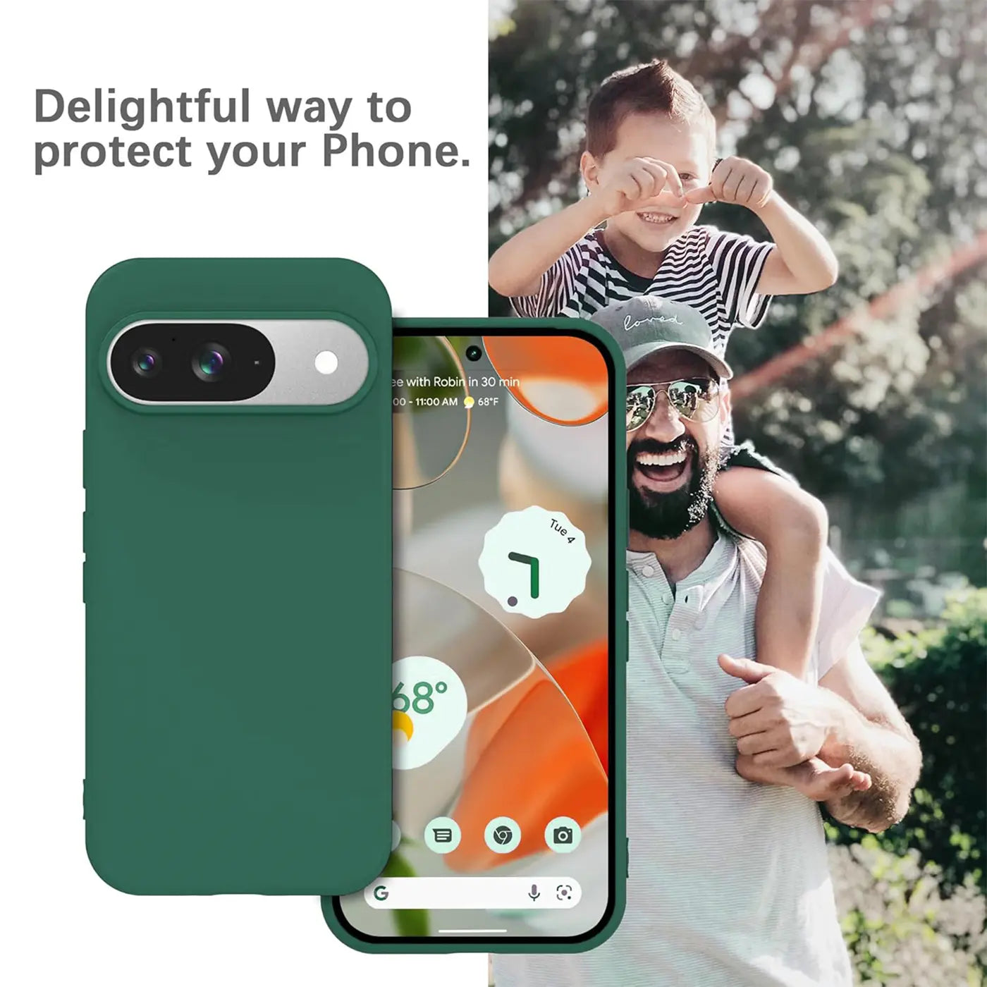Dunkelgrüne Silikonhülle für Google Pixel 9, Rückseite und Displayansicht, Mikrofaser-Futter, vor lachendem Vater mit Kind.