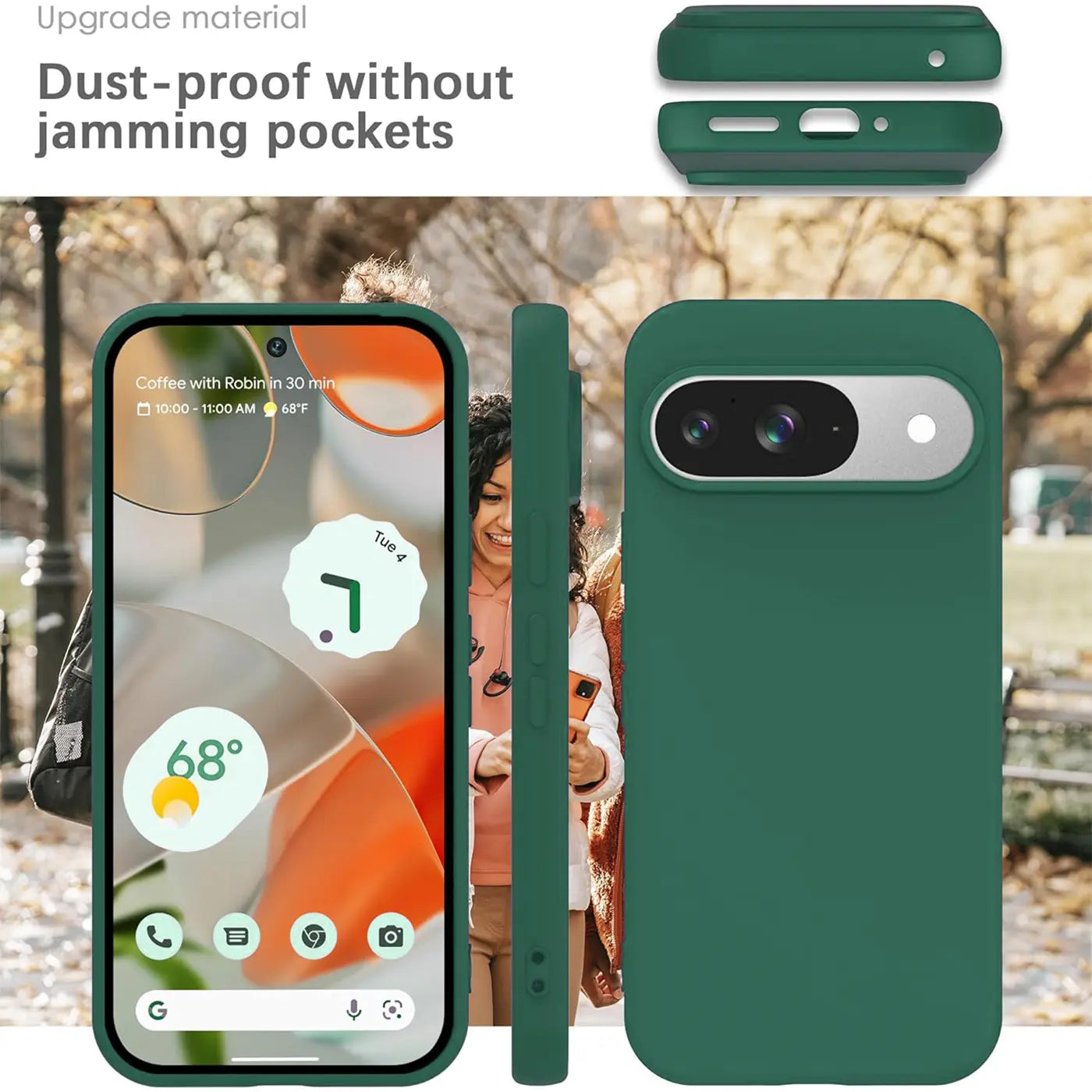 Dunkelgrüne Silikonhülle für Google Pixel 9. Vorder-, Seiten- und Rückansicht, sowie Detailansichten der Ober- und.