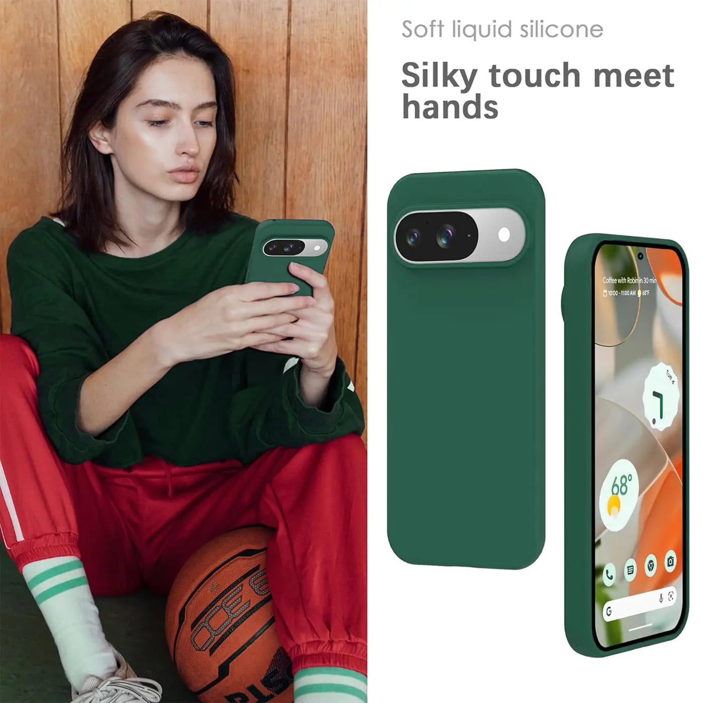 Grüne Silikonhülle für Google Pixel 7/7 Pro. Links hält eine Person das Smartphone, rechts zwei Ansichten der Hülle.