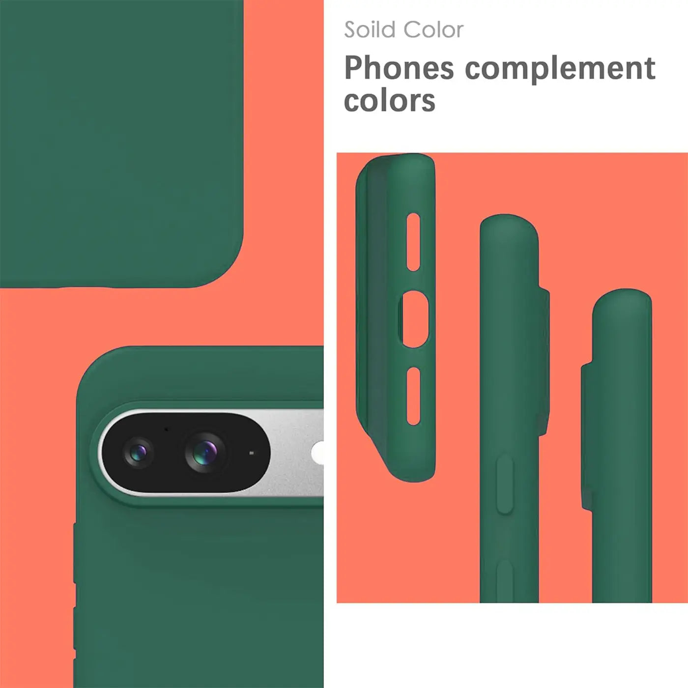 Dunkelgrüne Silikonhülle für Google Pixel 9. Rückseite mit Kameraausschnitt und Seitenansichten mit Tastenöffnungen.