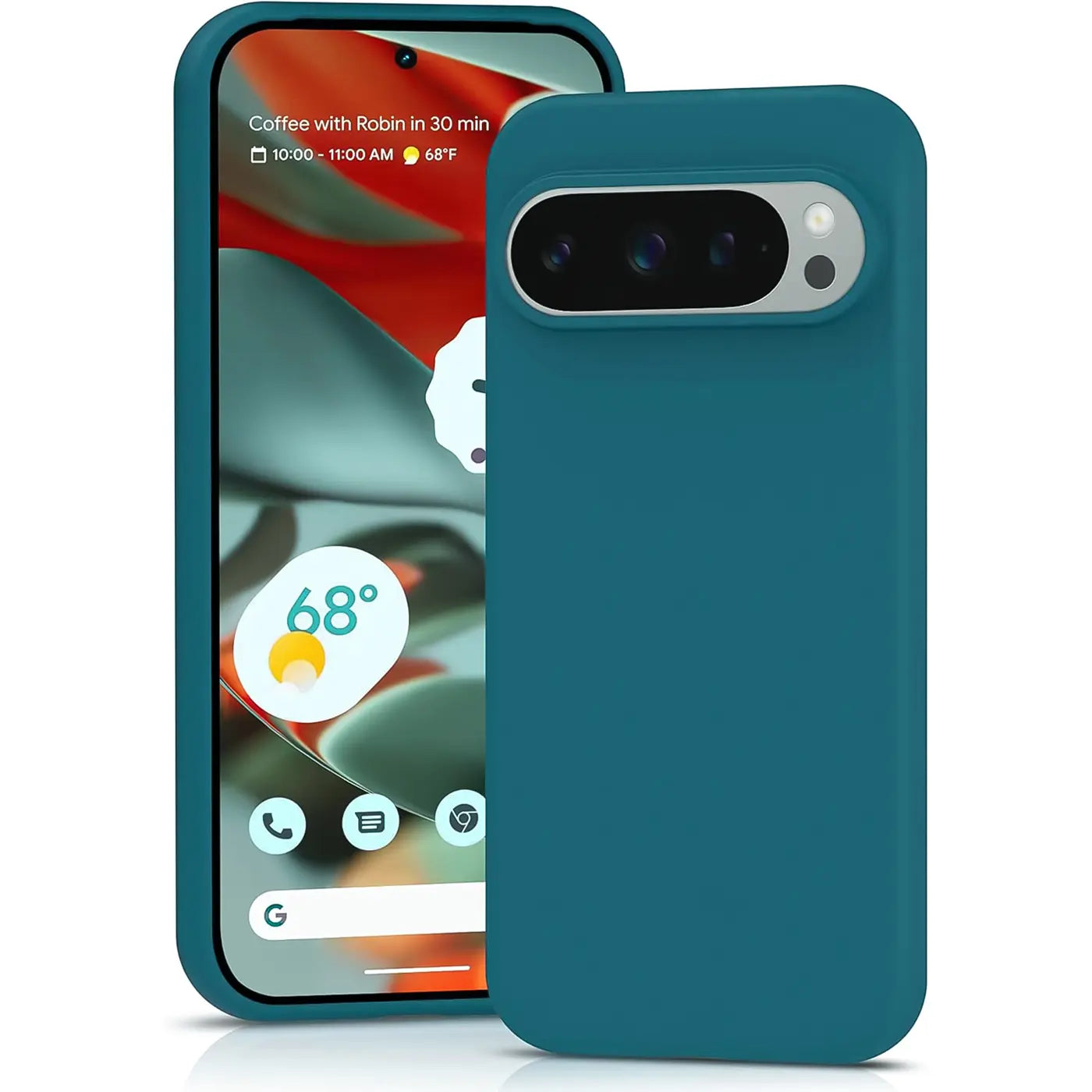 Zwei Google Pixel 9 Pro Handys in tealblauer Silikonhülle. Eines von vorne, das andere von hinten schräg rechts.