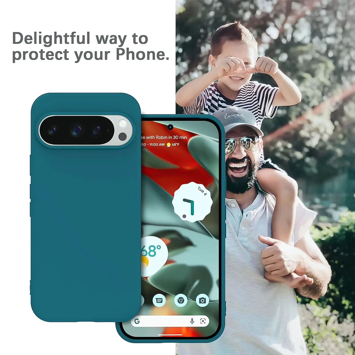 Türkise Silikonhülle für Google Pixel 9 Pro, Rückseite und Displayansicht, schräg von oben.