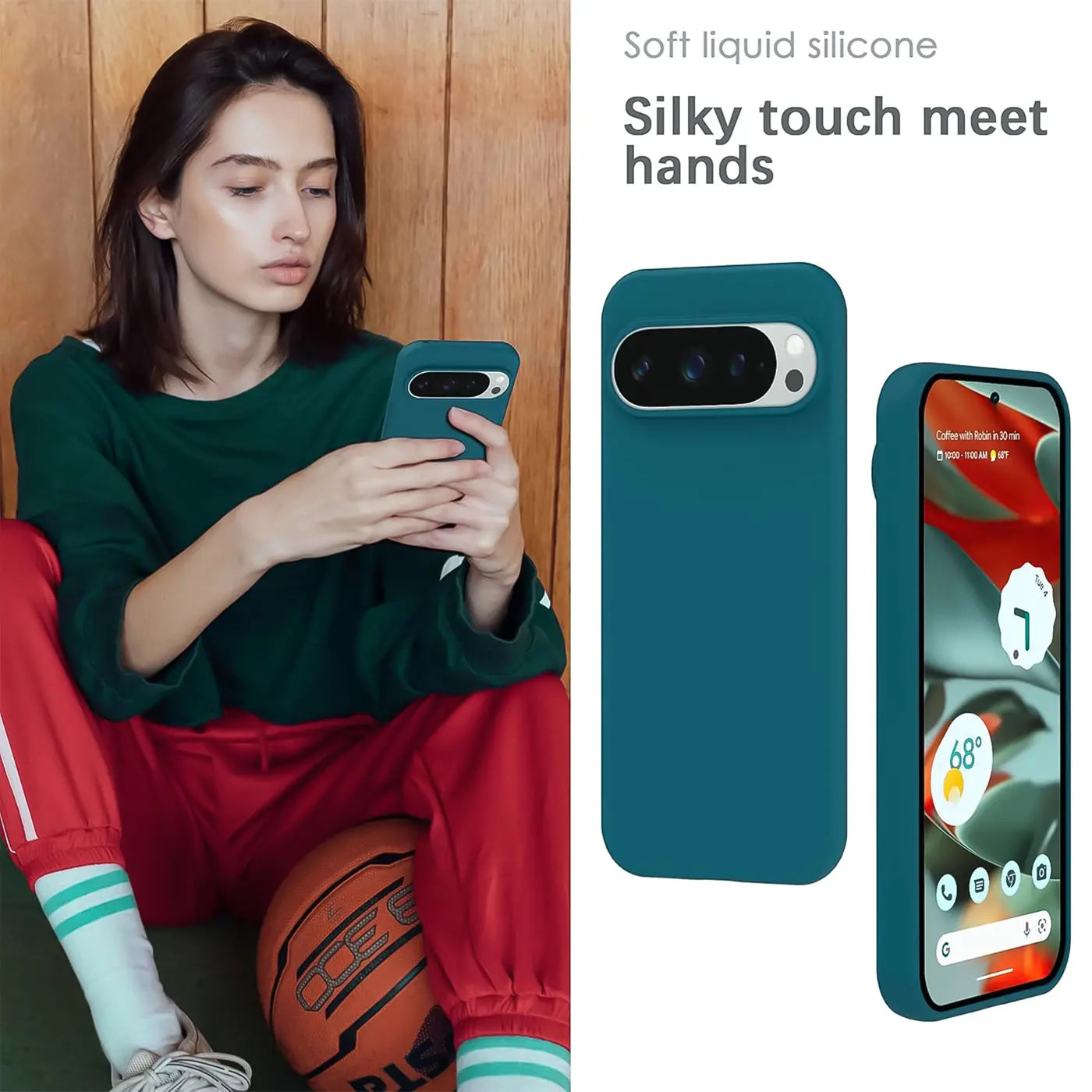 Türkise Silikonhülle für Google Pixel 9 Pro. Eine Frau hält das Handy, daneben zwei Ansichten der Hülle.