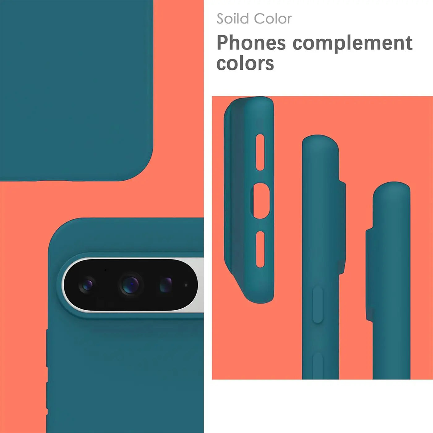 Dunkeltürkise Silikonhülle für Google Pixel 9 Pro. Rückseite mit Kameraausschnitt und Seitenansichten mit Aussparungen.