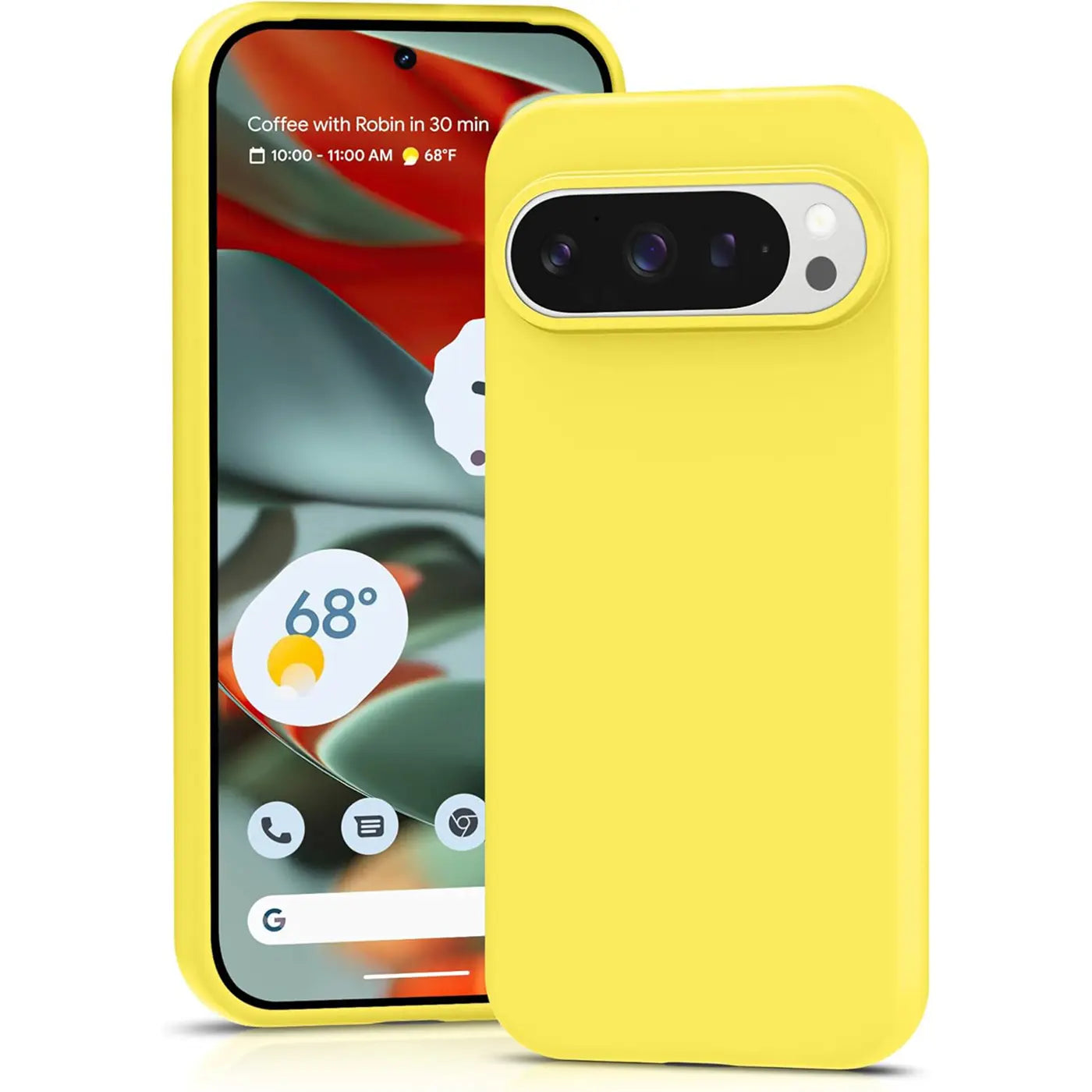 Gelbe Silikonhülle für Google Pixel 9 Pro. Vorder- und Rückseite des Handys schräg von vorne gezeigt.
