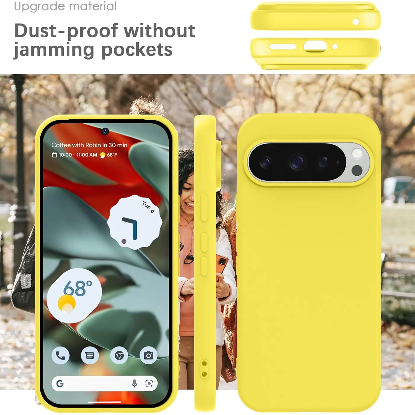 Gelbe Silikonhülle für Google Pixel 9 Pro, von vorne, Seite und hinten gezeigt, mit Aussparungen für Kamera und Anschlüsse.