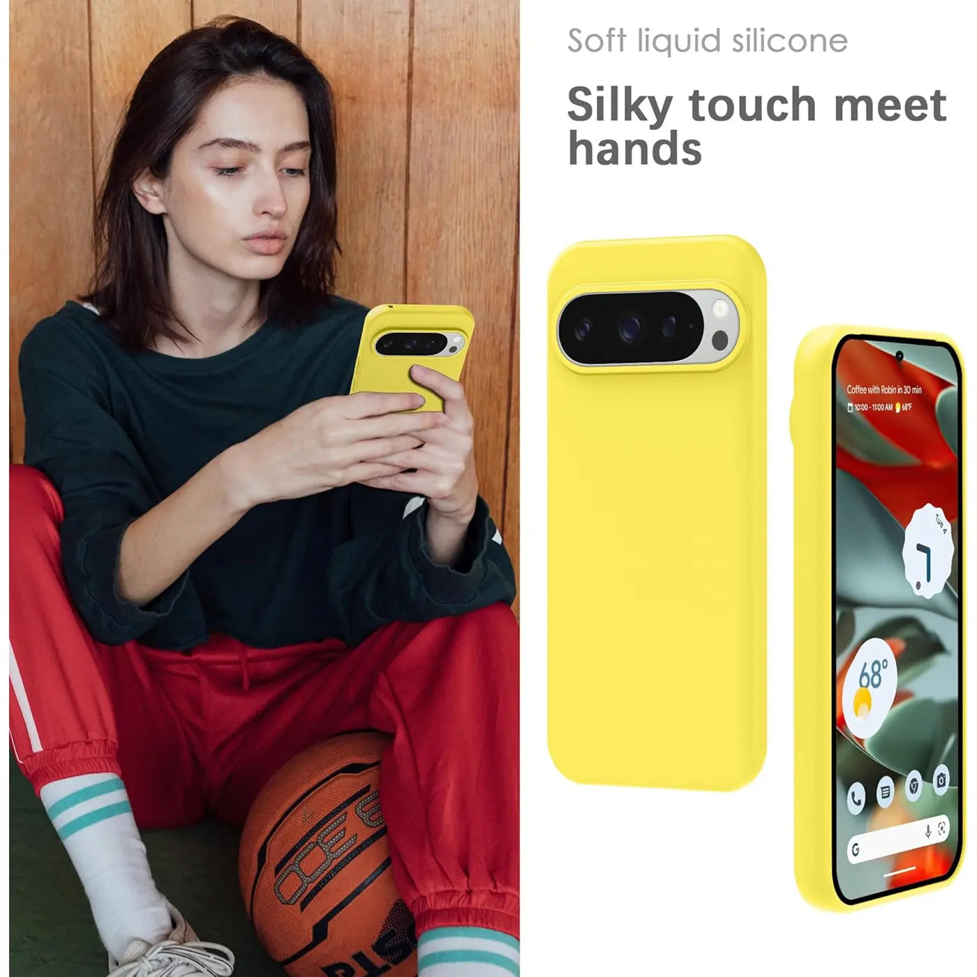 Gelbe Silikonhülle für Google Pixel 9 Pro. Eine Person hält das Handy, daneben Rück- und Vorderansicht der Hülle.