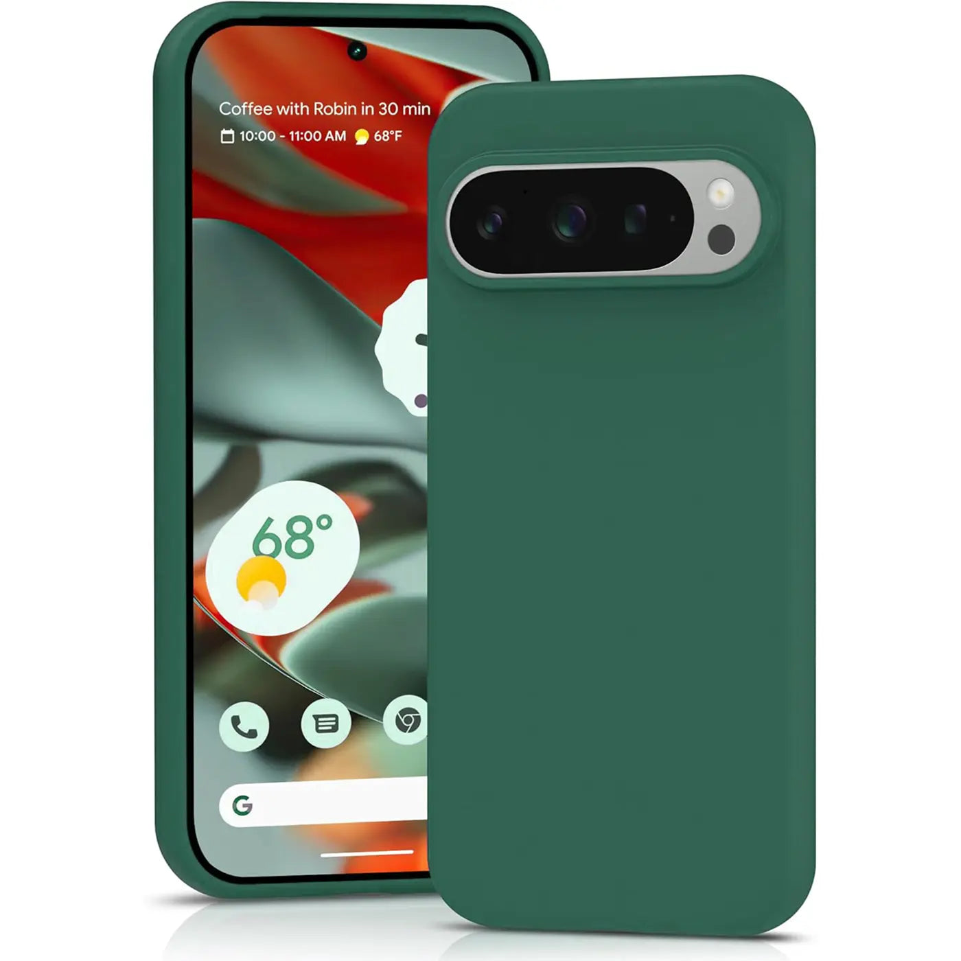 Dunkelgrüne Silikonhülle für Google Pixel 9 Pro. Rückseite mit Kameraausschnitt, Vorderseite mit Display sichtbar.