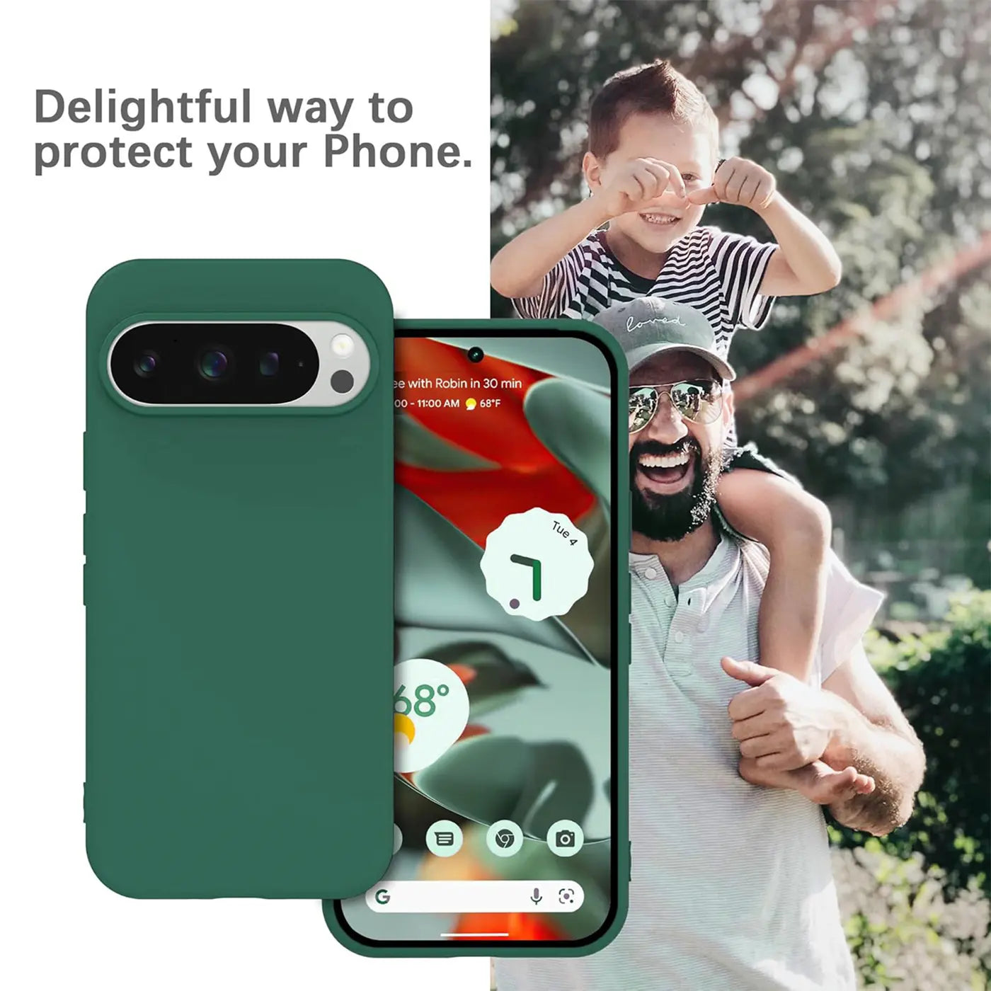 Dunkelgrüne Silikonhülle für Google Pixel 9 Pro, Rückseite und Vorderseite schräg von oben.