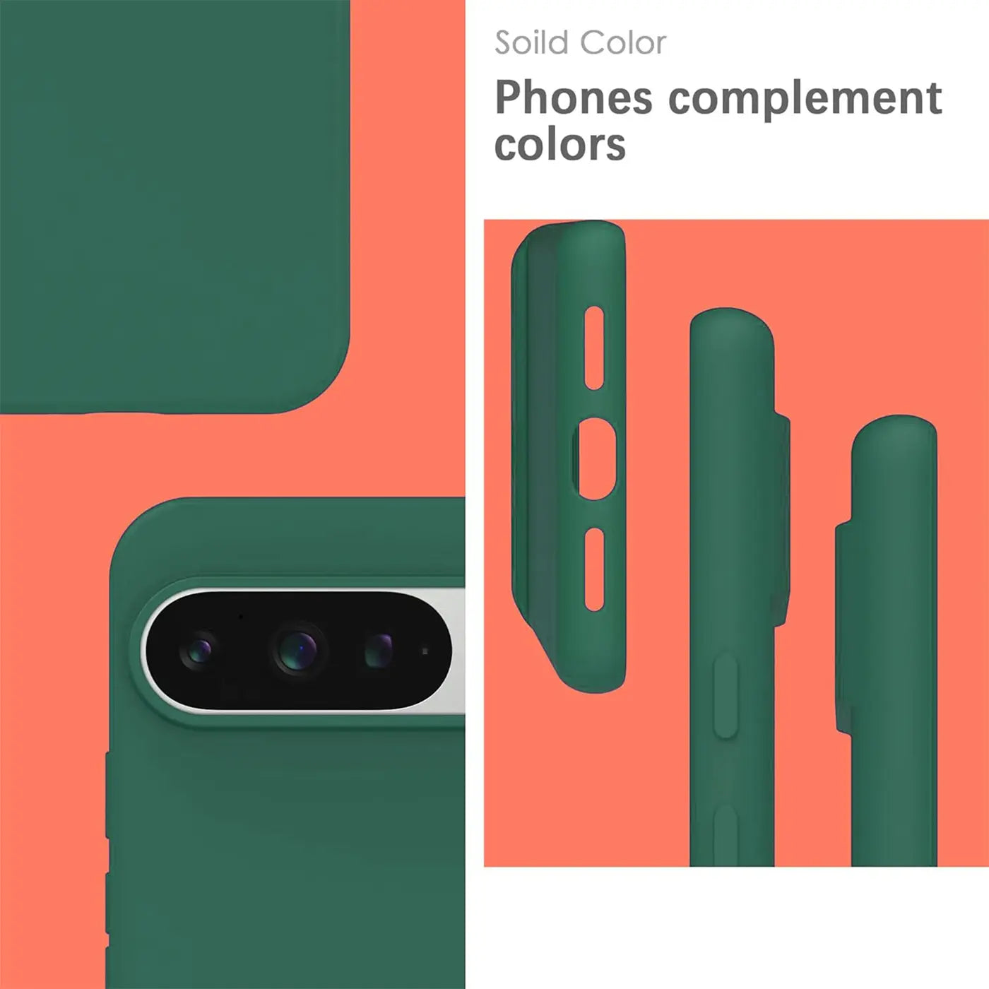 Dunkelgrüne Silikonhülle für Google Pixel 9 Pro. Rückseite mit Kameraausschnitt und Seitenansichten mit Tasten.