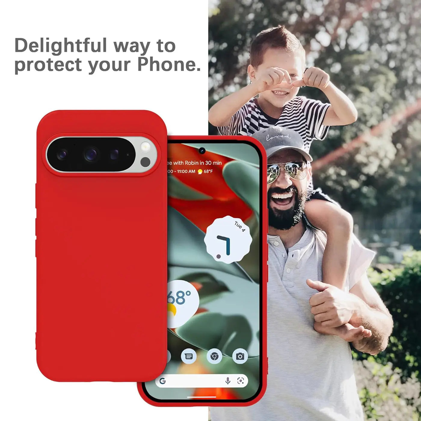 Rote Silikonhülle für Google Pixel 9 Pro, Rückseite und Displayansicht, schräg vor unscharfem Hintergrund.