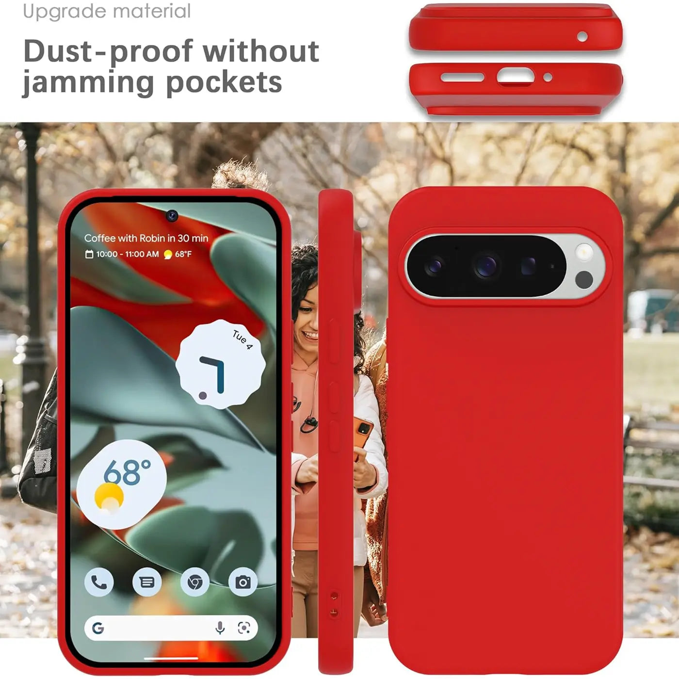 Rote Silikonhülle für Google Pixel 9 Pro. Vorder-, Seiten- und Rückansicht mit Kameraausschnitt und Anschlüssen.