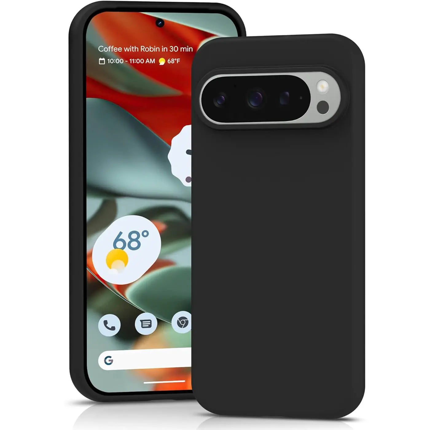Schwarze Silikonhülle für Google Pixel 9 Pro, Rückansicht, daneben ein Pixel 9 Pro mit Displayansicht.