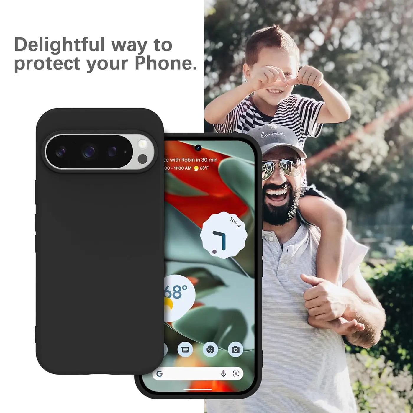Schwarze Silikonhülle für Google Pixel 9 Pro, Rückseite und Display sichtbar, vor verschwommenem Hintergrund.