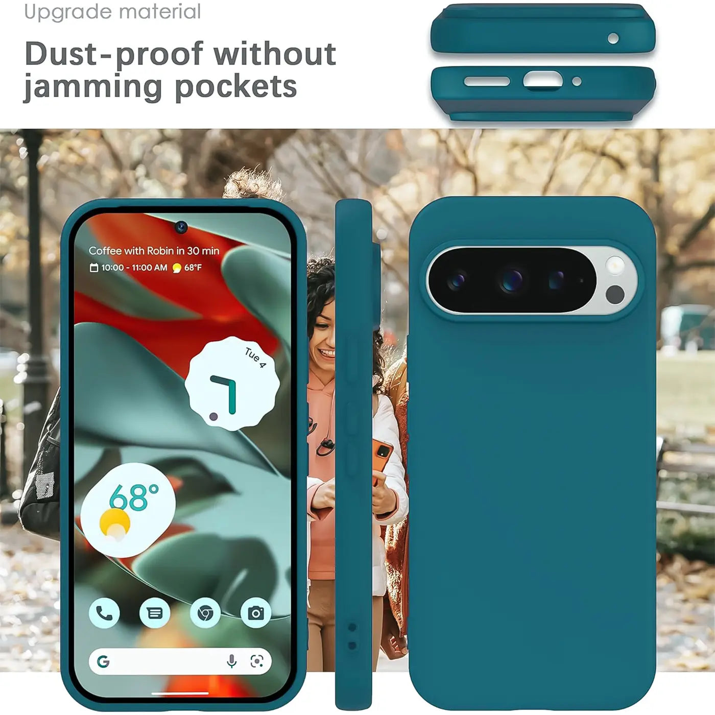 Türkise Silikonhülle für Google Pixel 9 Pro XL. Vorder-, Seiten- und Rückansicht mit Aussparungen für Kamera und Anschlüsse.