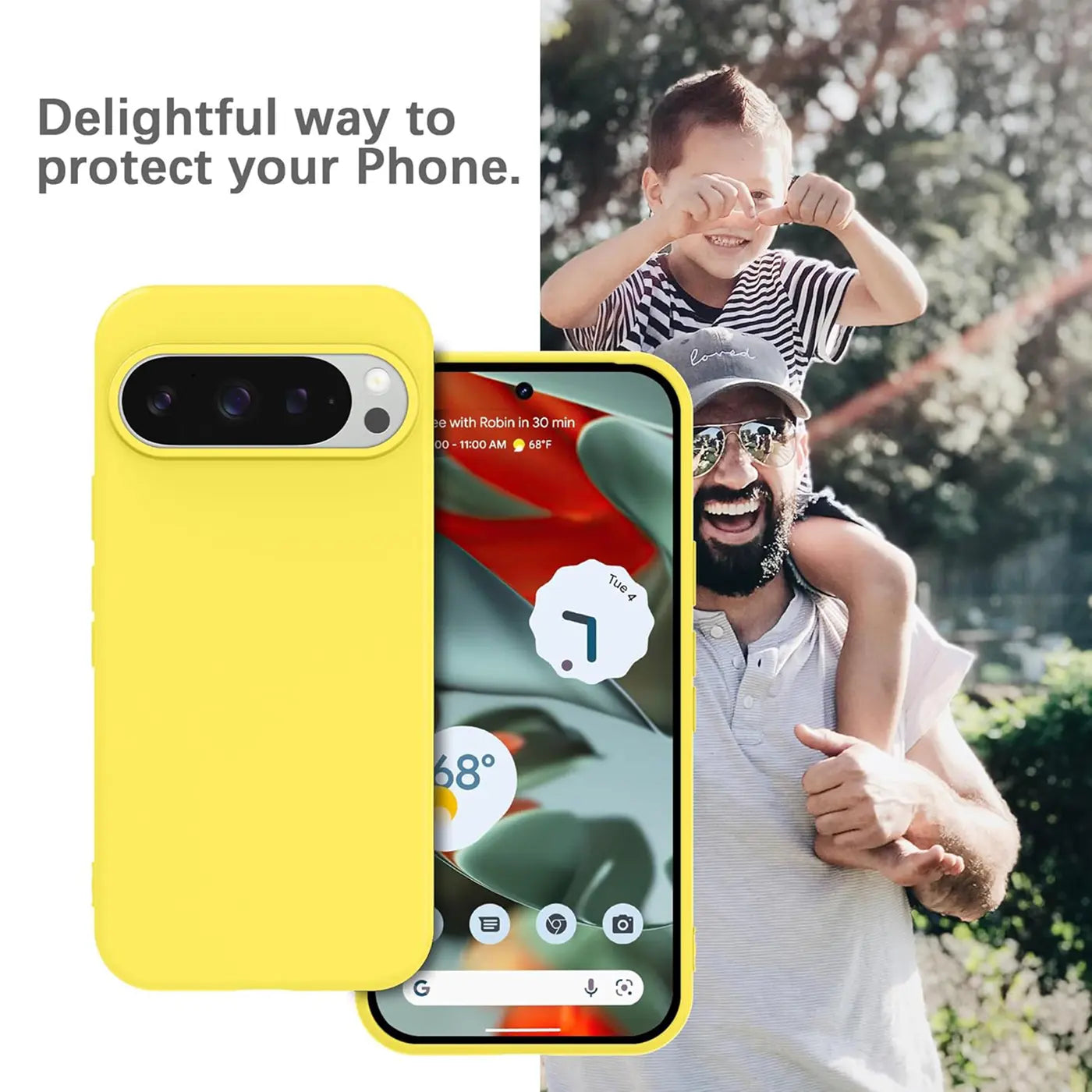 Gelbe Silikonhülle für Google Pixel 9 Pro XL, Rückseite und Displayansicht, auf unscharfem Familienfoto.