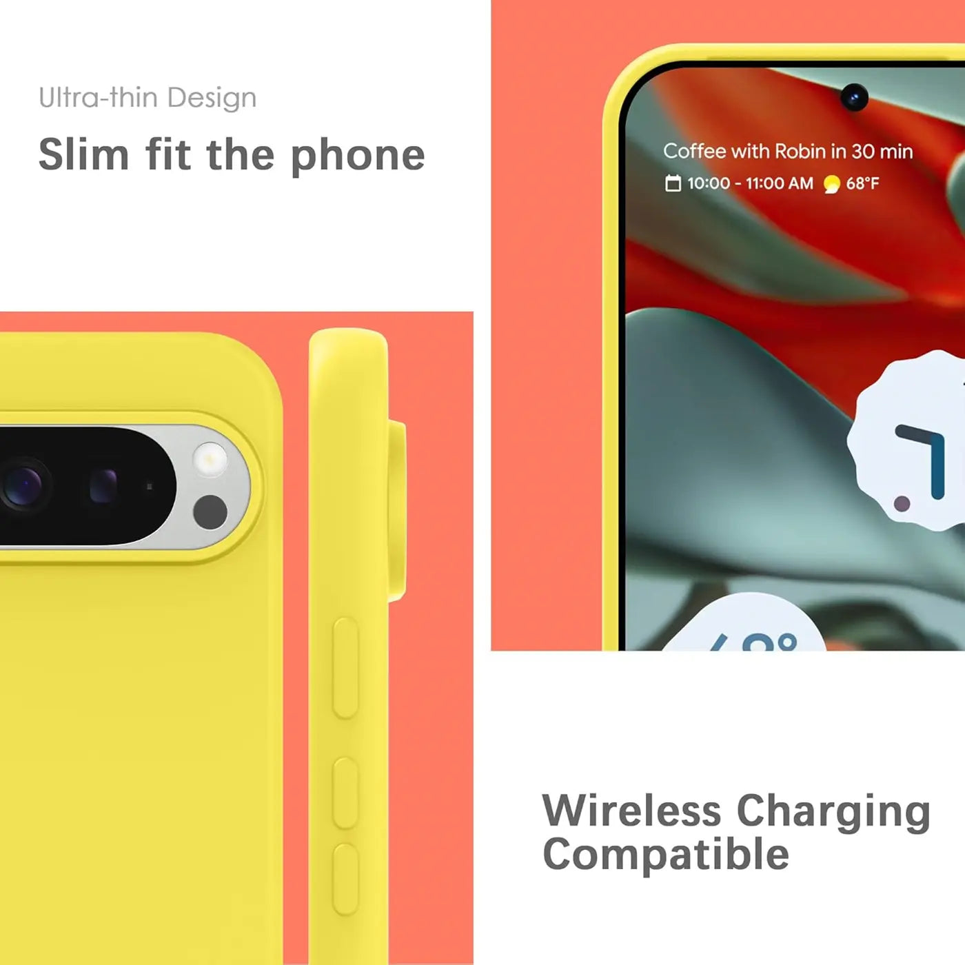 Gelbe Silikonhülle für Google Pixel 9 Pro XL. Rückseite mit Kameraausschnitt, Seitenansicht und Vorderansicht des Displays.