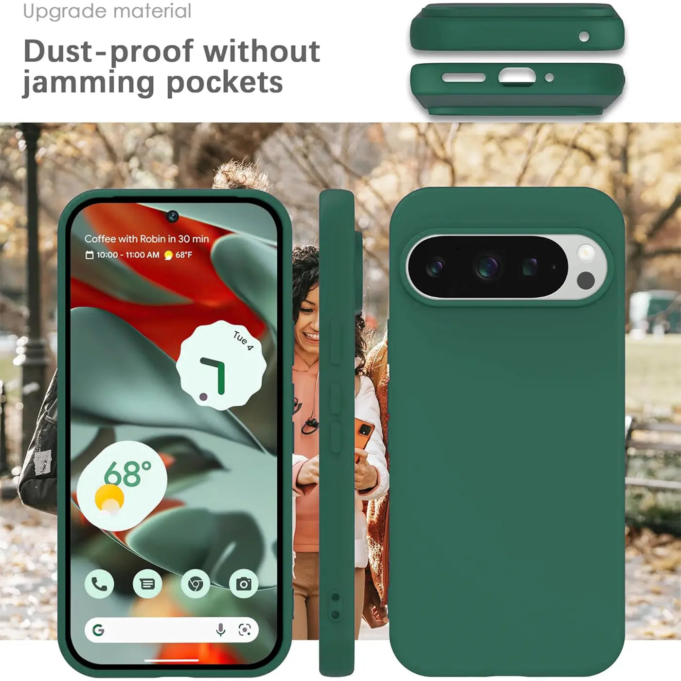 Dunkelgrüne Silikonhülle für Google Pixel 9 Pro XL, Vorder-, Rück- und Seitenansicht, sowie Detailansichten der Anschlüsse.