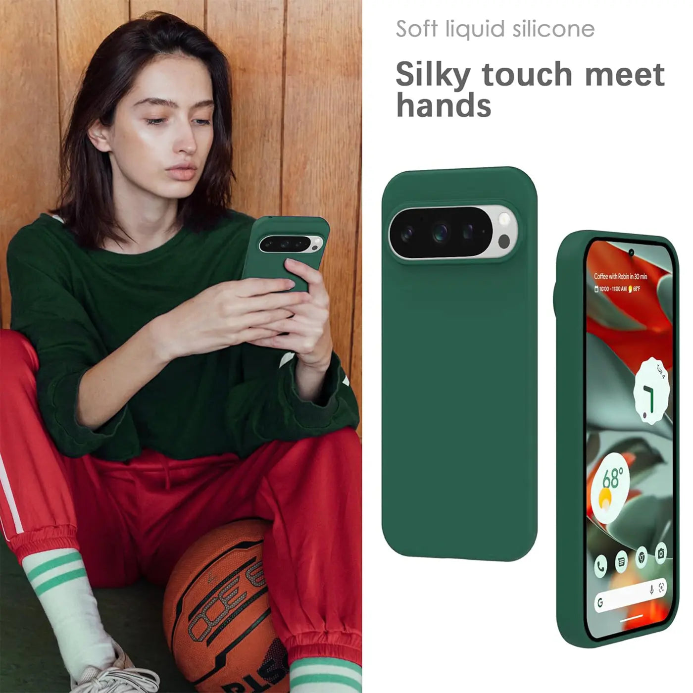 Dunkelgrüne Silikonhülle für Google Pixel 9 Pro XL. Rückseite und Vorderseite schräg von oben.