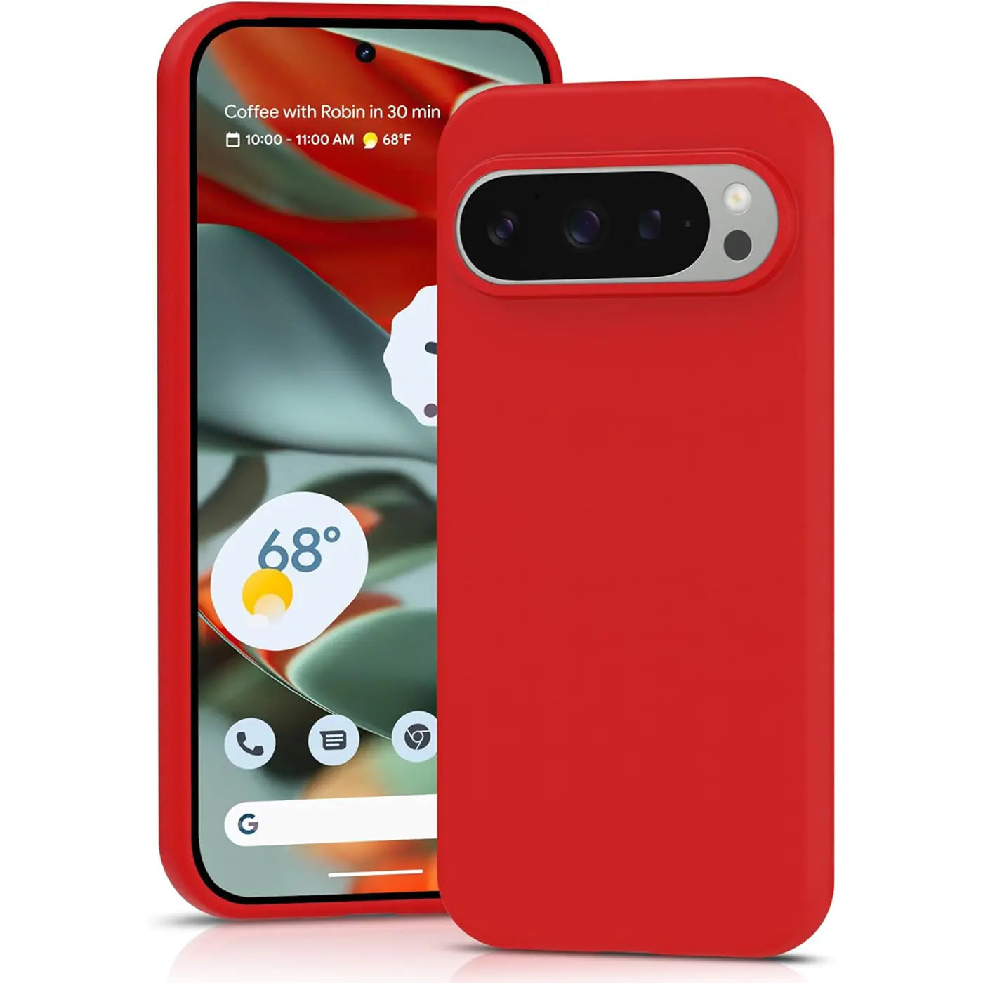Rote Silikonhülle für Google Pixel 9 Pro XL. Vorder- und Rückseite der Hülle, leicht schräg von oben.