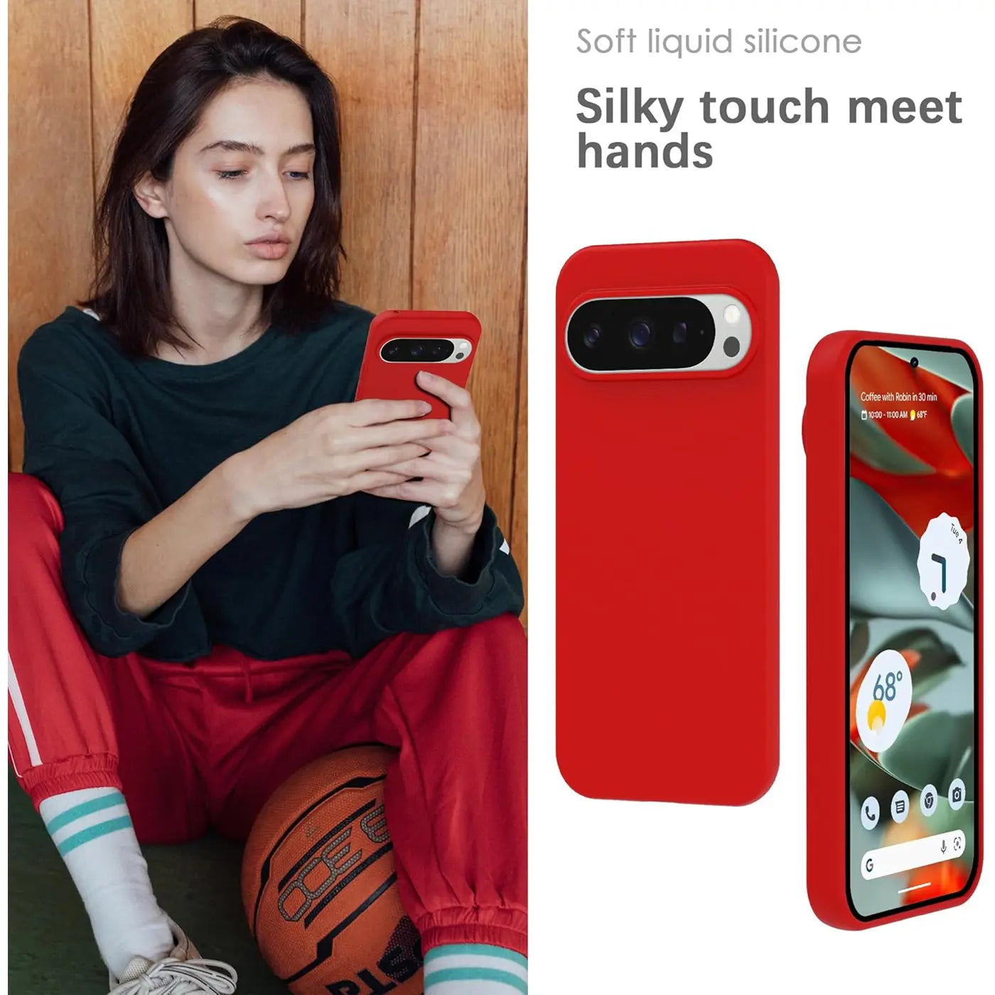 Rote Silikonhülle für Google Pixel 9 Pro XL. Eine Frau hält das Handy, daneben zwei Ansichten der Hülle.