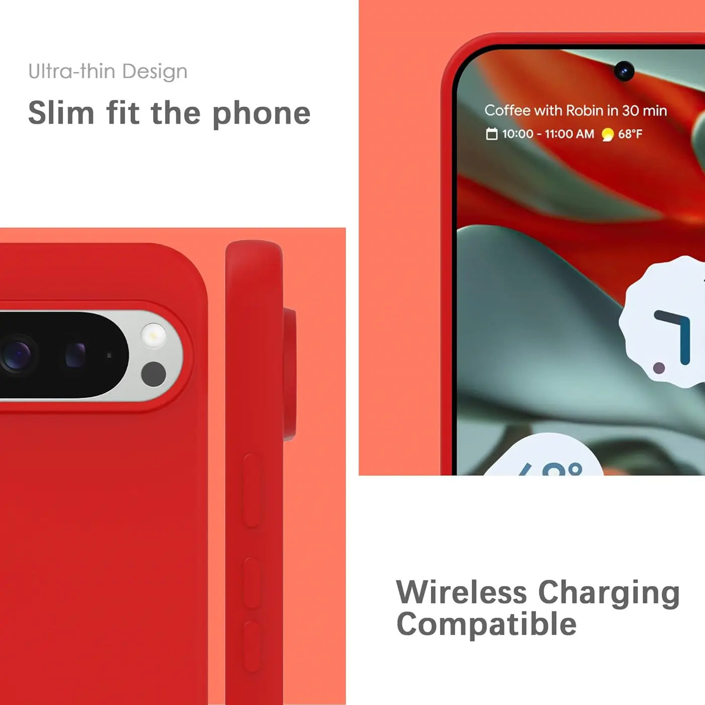 Rote Silikonhülle für Google Pixel 9 Pro XL. Rückseite mit Kameraausschnitt, Seitenansicht mit Tasten und Display.