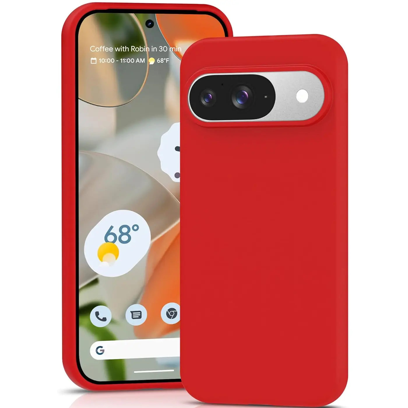 Rote Silikonhülle für Google Pixel 9. Rückseite der Hülle mit Kameraausschnitt, daneben ein Pixel 9 von vorne.