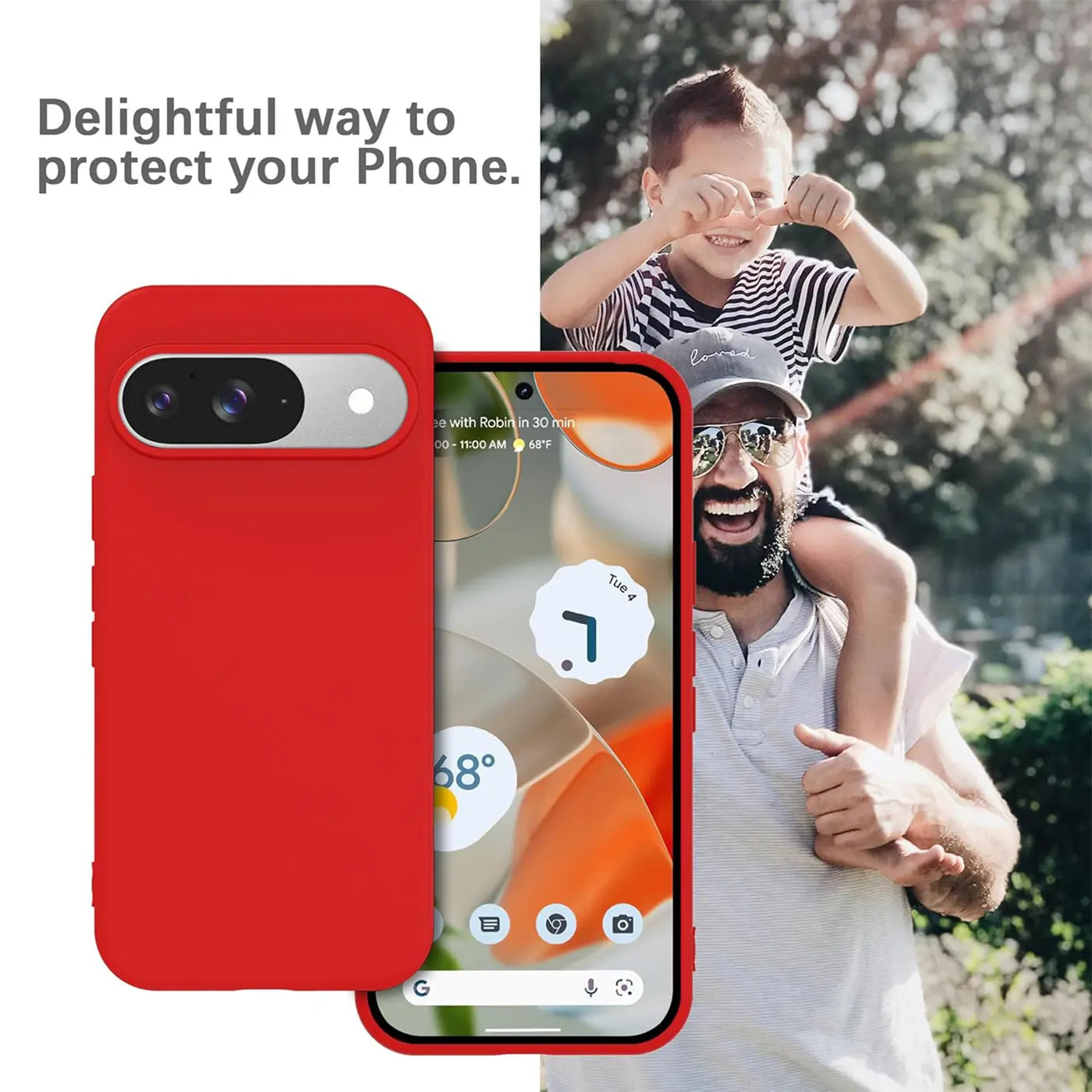Rote Silikonhülle für Google Pixel 9, Rückseite und Seitenansicht, daneben ein rotes Pixel 9 mit Display.