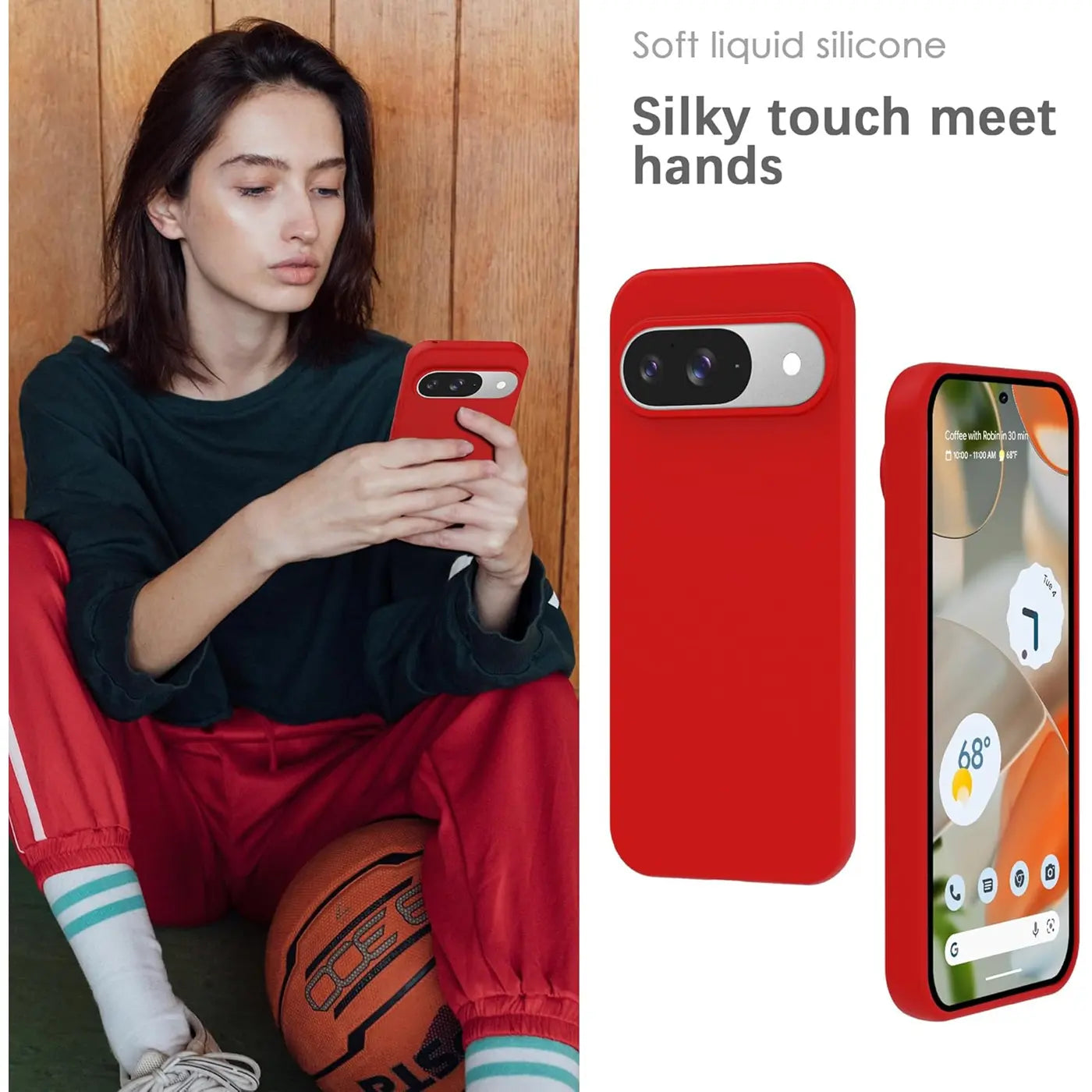 Rote Silikonhülle für Google Pixel 9. Eine Frau hält das Handy, daneben zwei Ansichten der Hülle.