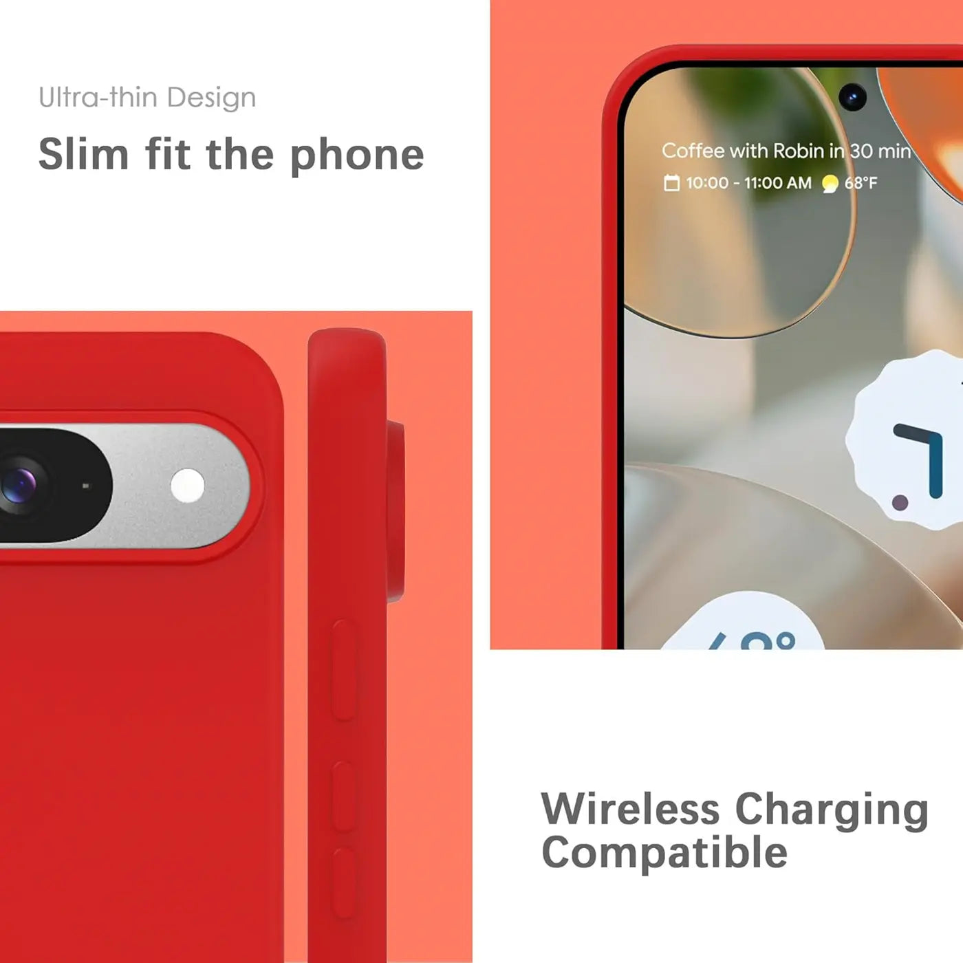 Rote Silikonhülle für Google Pixel 9, Rückseite mit Kameraausschnitt und Seitenansicht mit Tasten, sowie Displayrand.